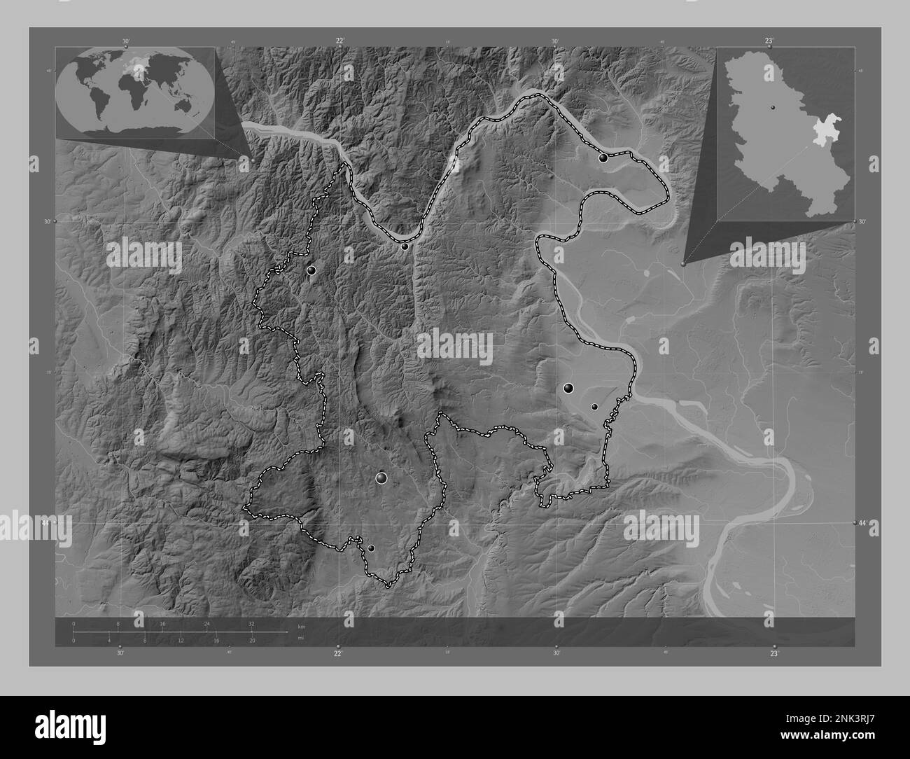 Borski, district of Serbia. Grayscale elevation map with lakes and rivers. Locations of major cities of the region. Corner auxiliary location maps Stock Photo