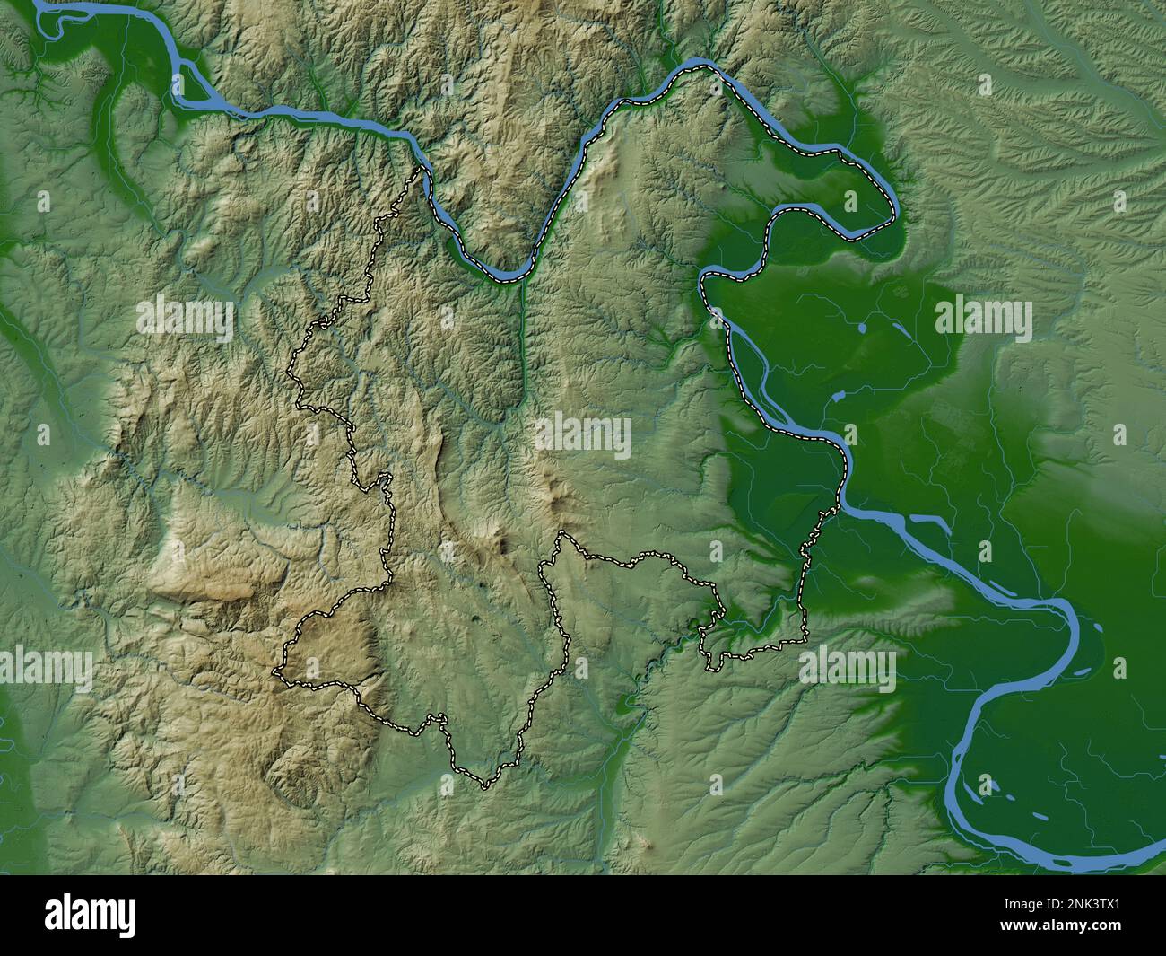 Borski, district of Serbia. Colored elevation map with lakes and rivers Stock Photo