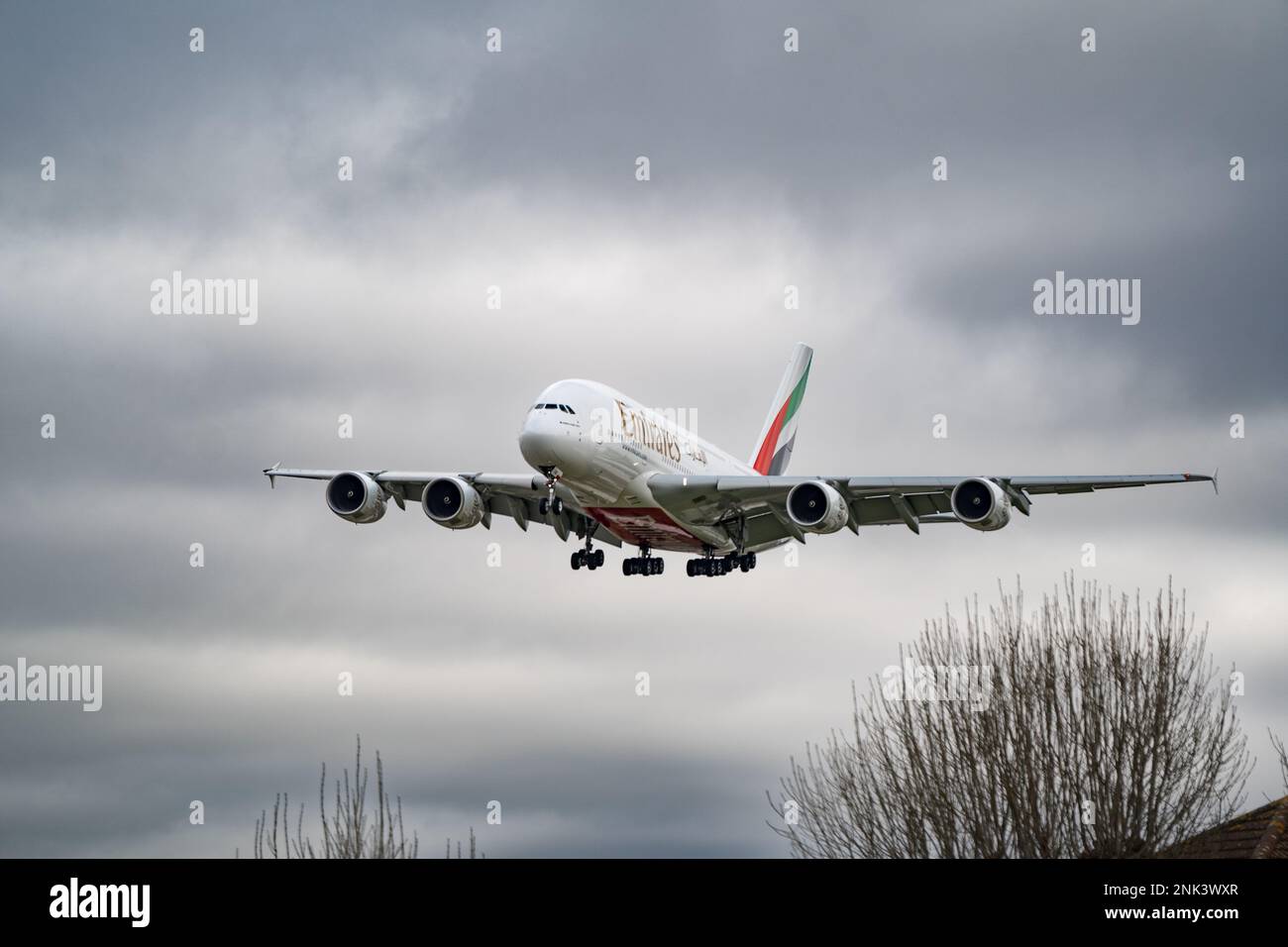 Heathrow, London February 20th 2023 Emirates Airbus A380 Landing