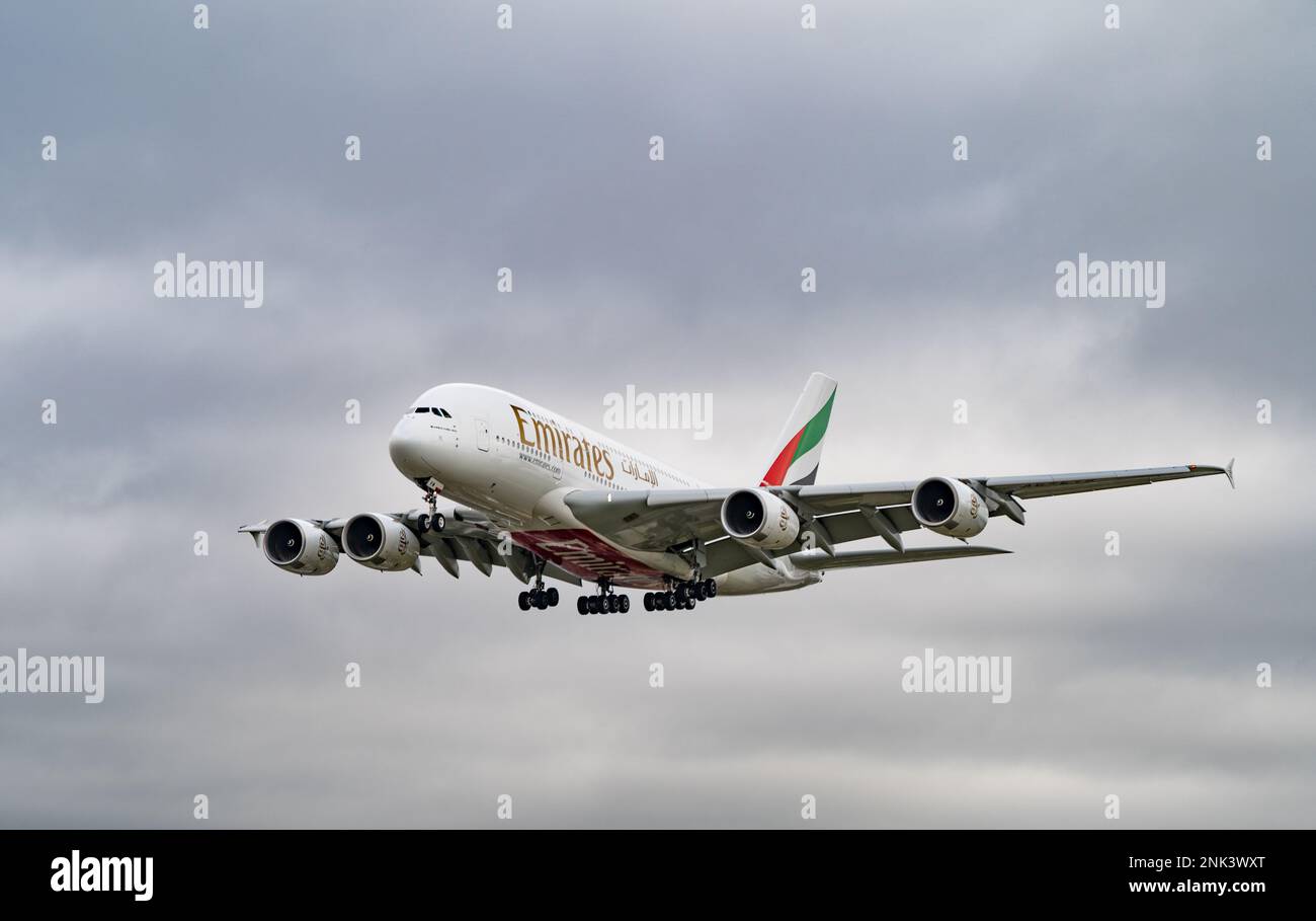 Heathrow, London February 20th 2023 Emirates Airbus A380 Landing