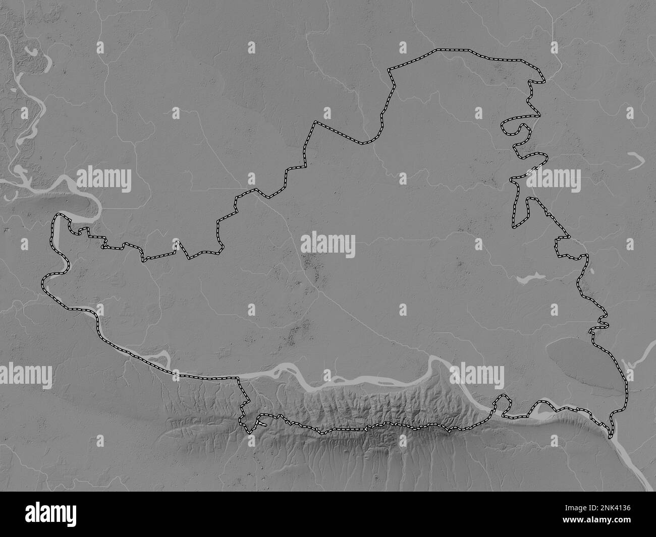 Juzno-Backi, district of Serbia. Grayscale elevation map with lakes and rivers Stock Photo