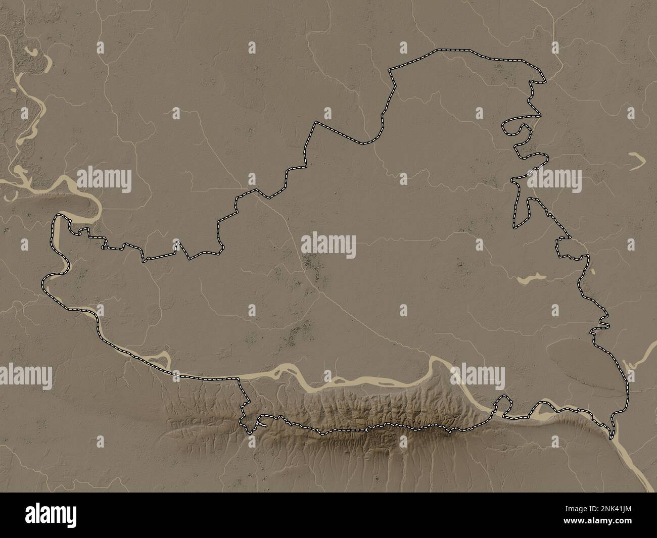 Juzno-Backi, district of Serbia. Elevation map colored in sepia tones ...