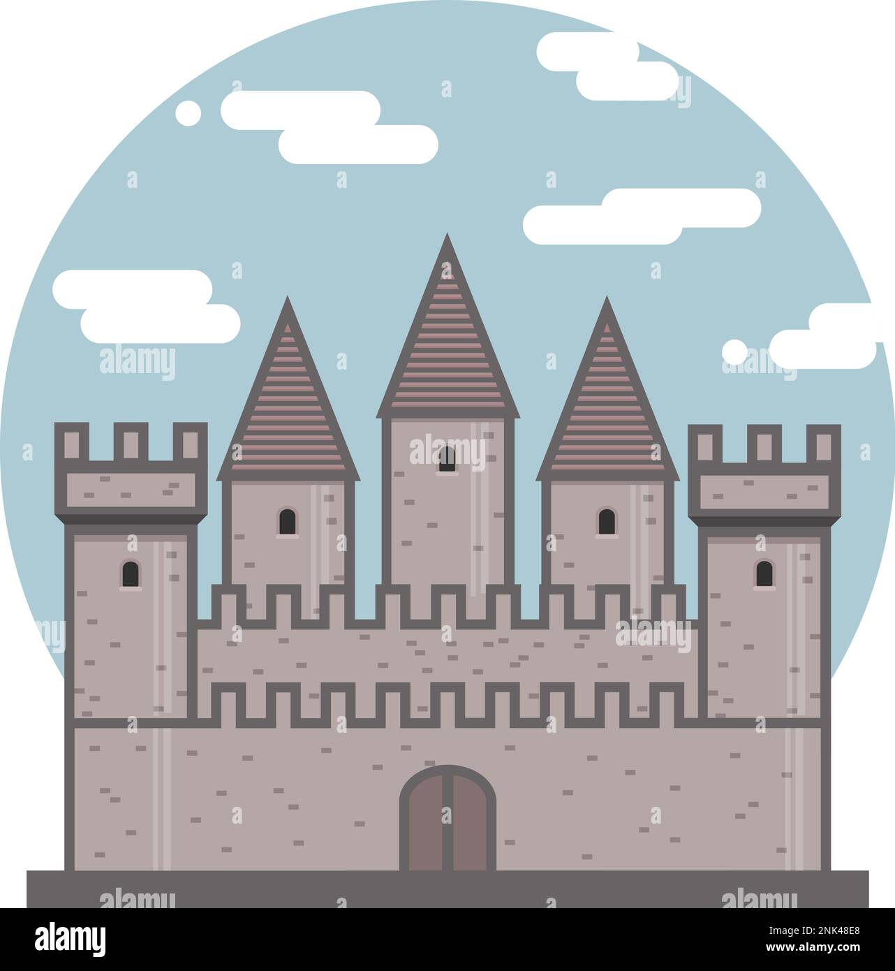 Medieval ancient castle flat icon. Fortress on sky circle background. Medieval architecture. Vector illustration of knight castle with walls and tower Stock Vector