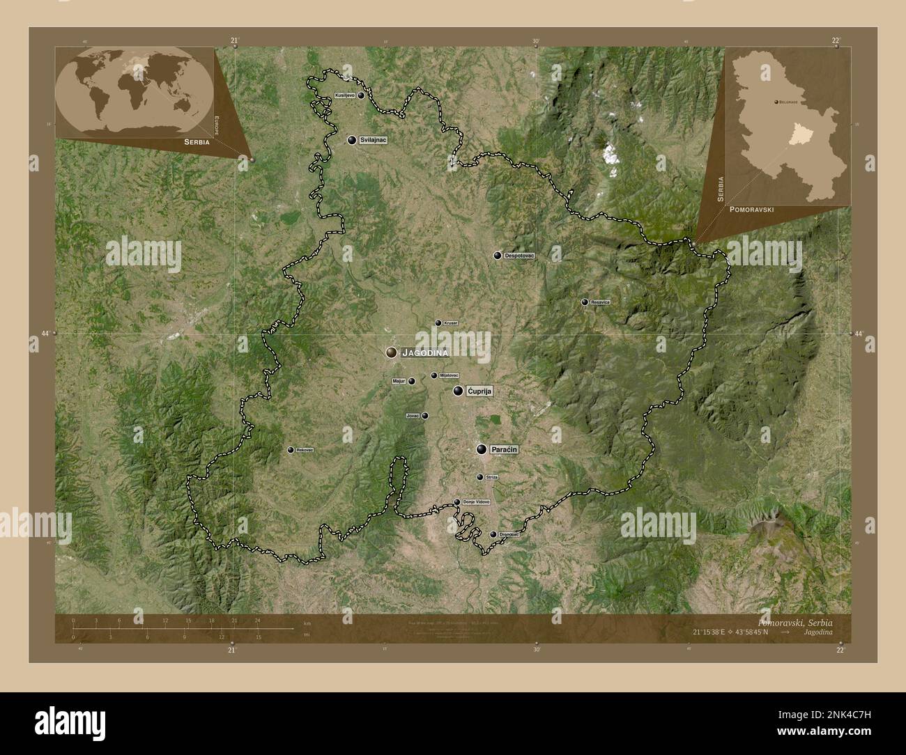 Pomoravski, district of Serbia. Low resolution satellite map. Locations and names of major cities of the region. Corner auxiliary location maps Stock Photo