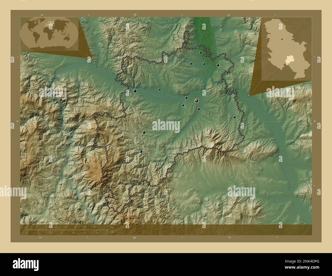 Rasinski, district of Serbia. Colored elevation map with lakes and ...