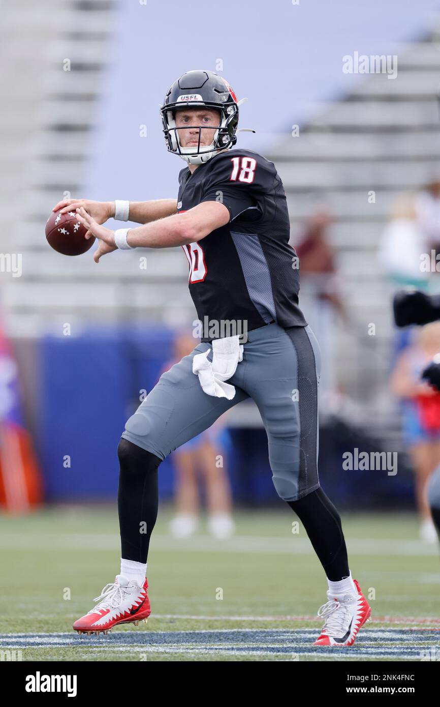 BIRMINGHAM, AL - MAY 15: Houston Gamblers quarterback Clayton Thorson (18)  passes the ball against the Pittsburgh Maulers during the USFL game on May  15, 2022 at Protective Stadium in Birmingham, Alabama. (