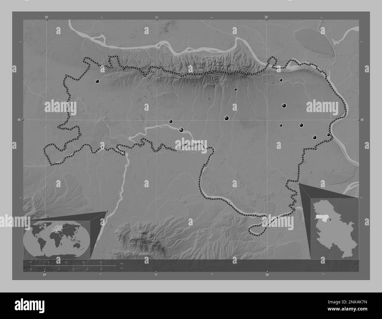 Sremski, district of Serbia. Grayscale elevation map with lakes and rivers. Locations of major cities of the region. Corner auxiliary location maps Stock Photo