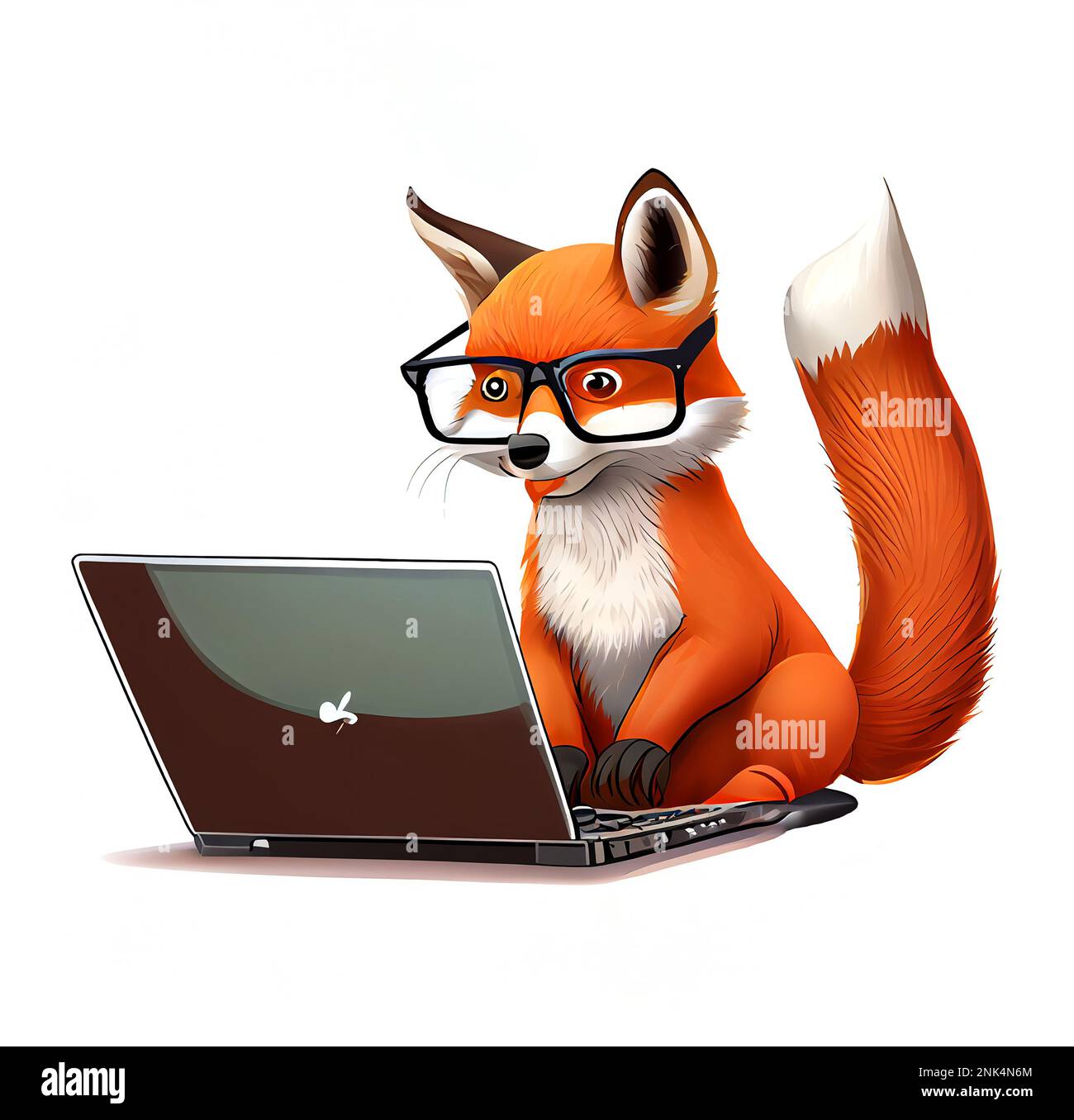 cute fox typing on laptop Stock Photo