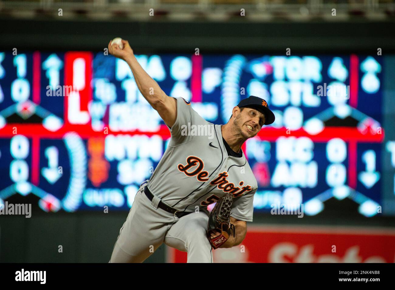 MINNEAPOLIS, MN - MAY 24: Detroit Tigers relief pitcher Alex Lange (55)  delivers a pitch during the MLB game between the Detroit Tigers and  Minnesota Twins on May 24th, 2022, at Target