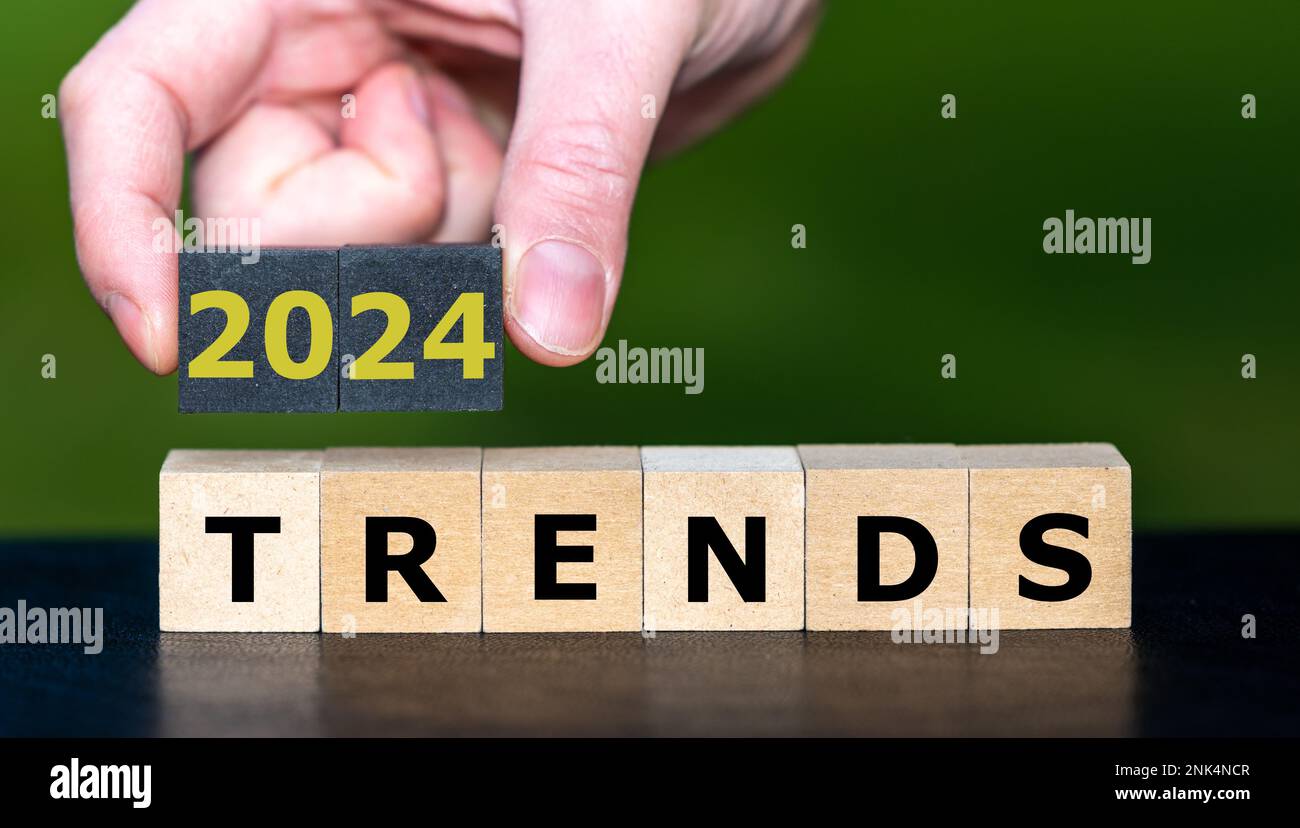 Wooden cubes form the expression '2024 Trends'. Stock Photo