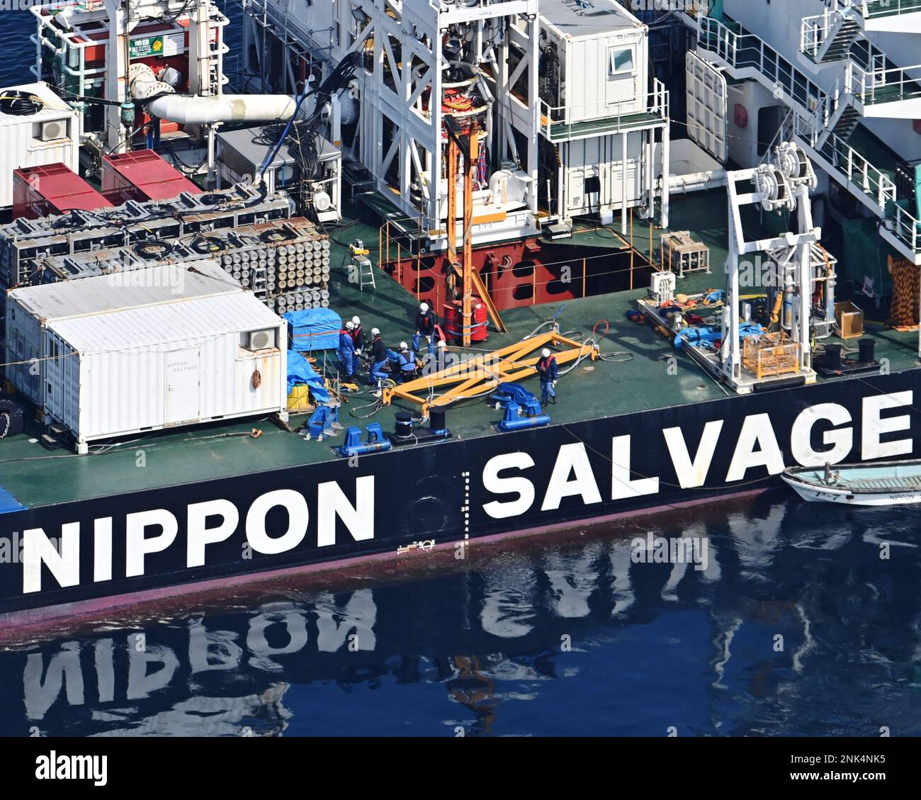 An aerial photo shows a private work ship "Kaishin" of Nippon Salvage