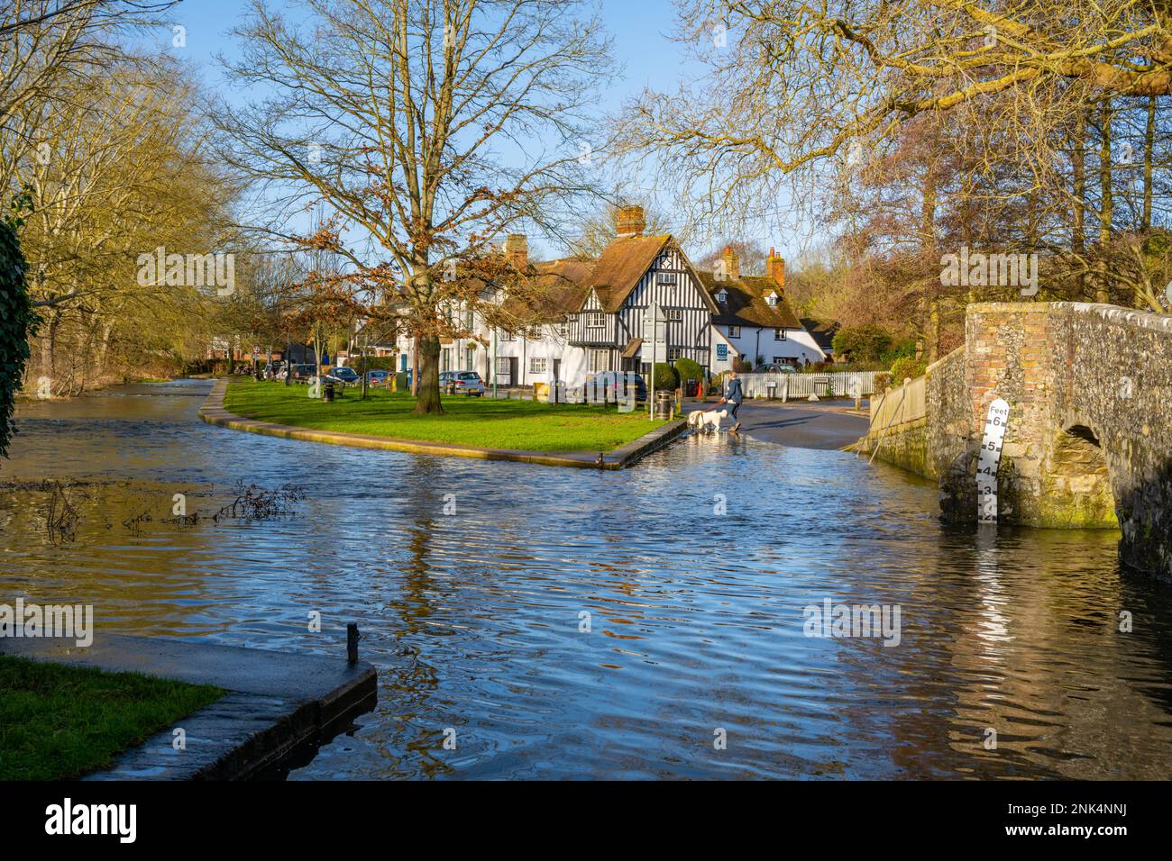 The river Darent and the ford at Eynesford riverside, Kent. On a winter morning Stock Photo