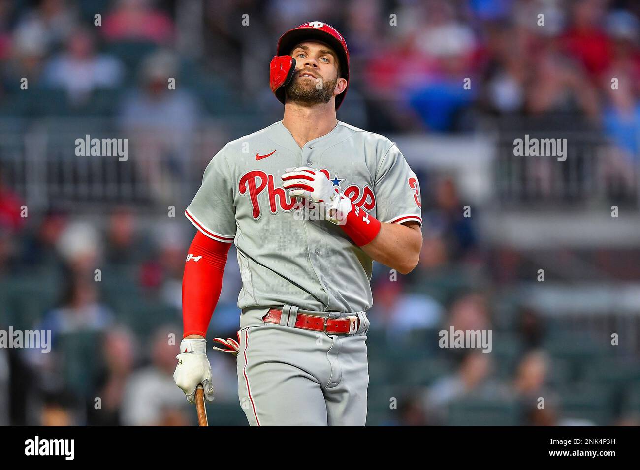 ATLANTA, GA – MAY 24: Philadelphia designated hitter Bryce Harper (3)  reacts after lining out during the MLB game between the Philadelphia  Phillies and the Atlanta Braves on May 24th, 2022 at