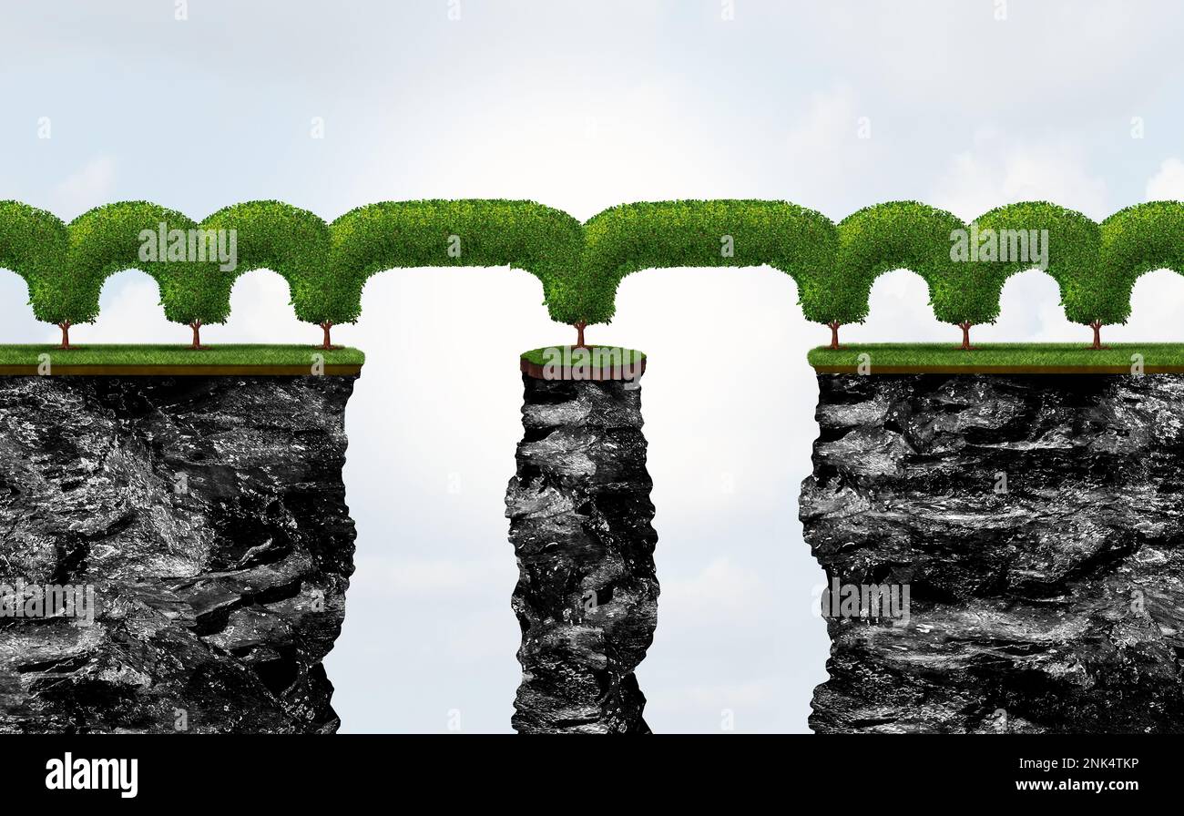 Succeeding despite Challenges metaphor as a Business success concept as a tree growing forward creating a bridge over an obstacle with Stock Photo