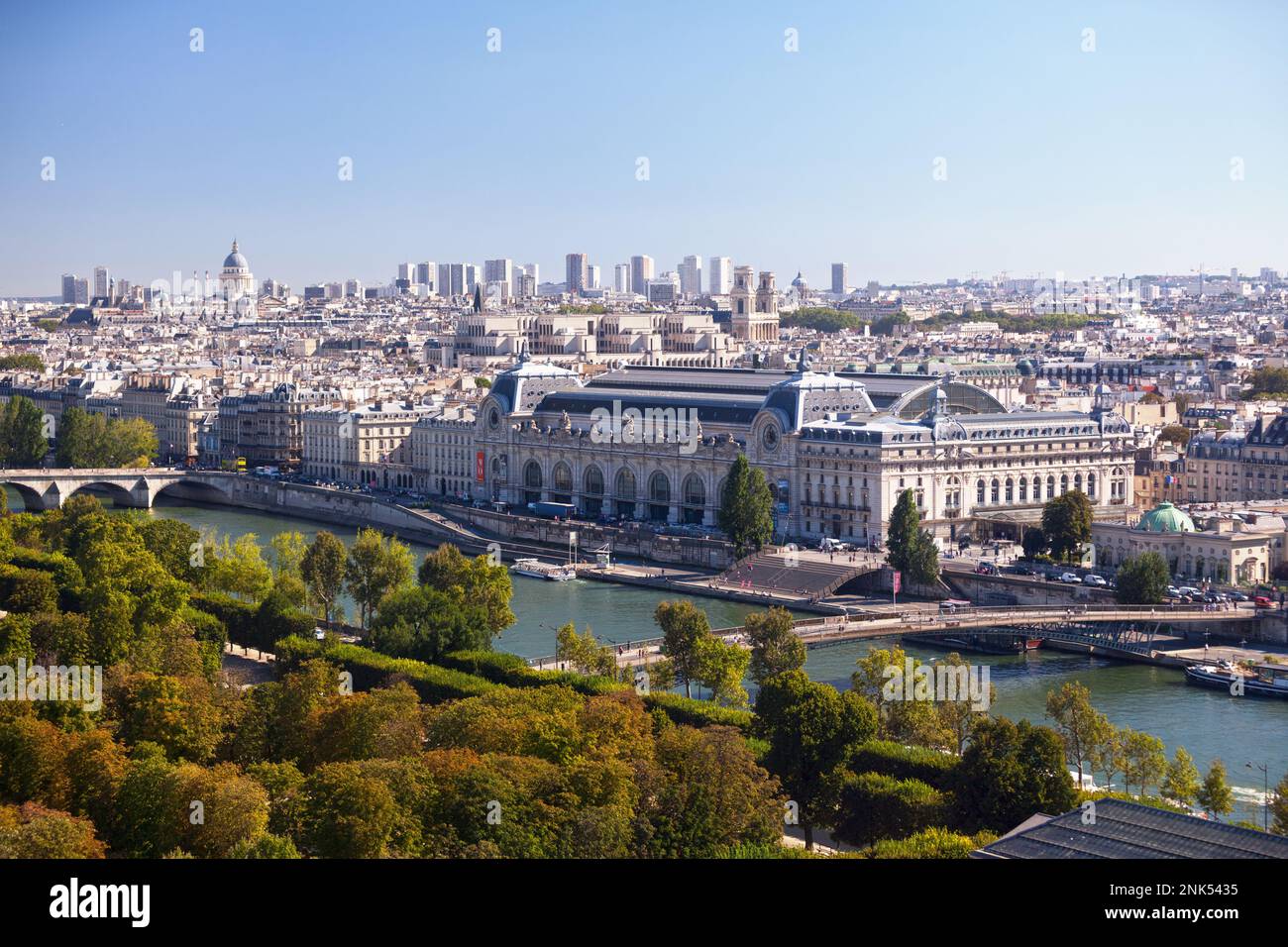 Aerial view of Paris centered on the Orsay museum but also including the Seine River, the Tuileries garden and many other landmarks. Stock Photo