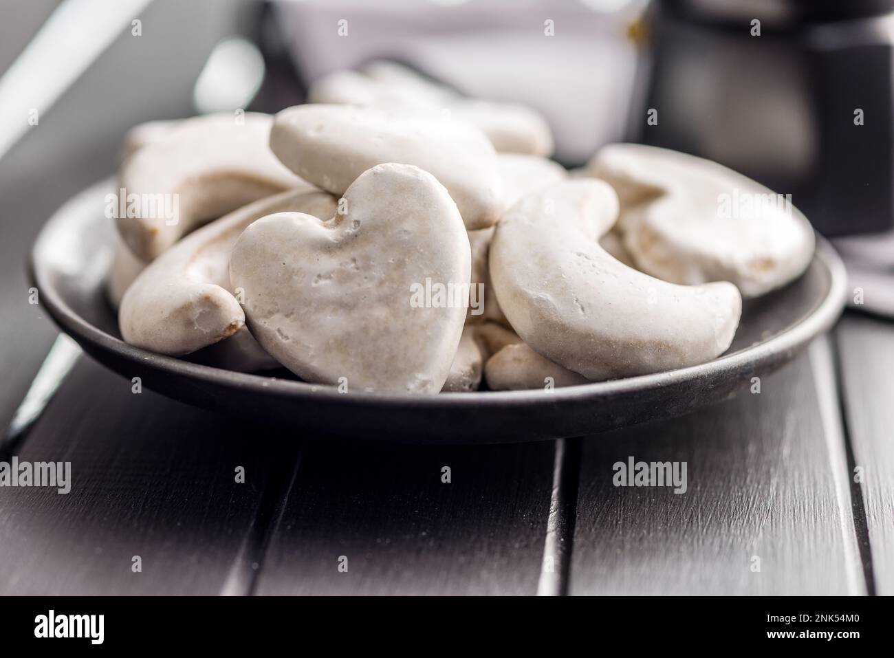 Gingerbread cookies with the sugar icing on the plate. Stock Photo