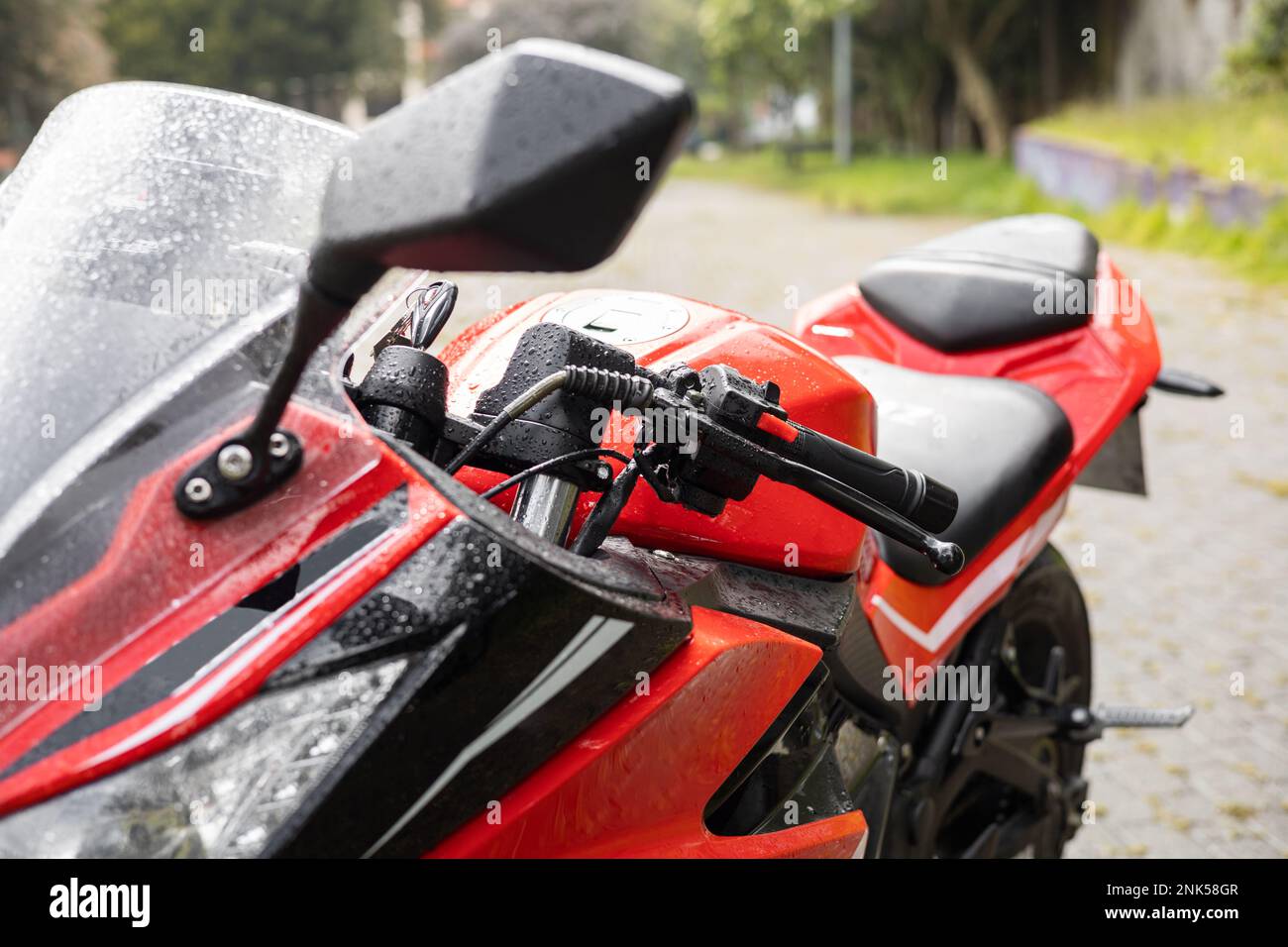 Sports motorcycle with steering wheel, rearview and tire, transport, tool Stock Photo