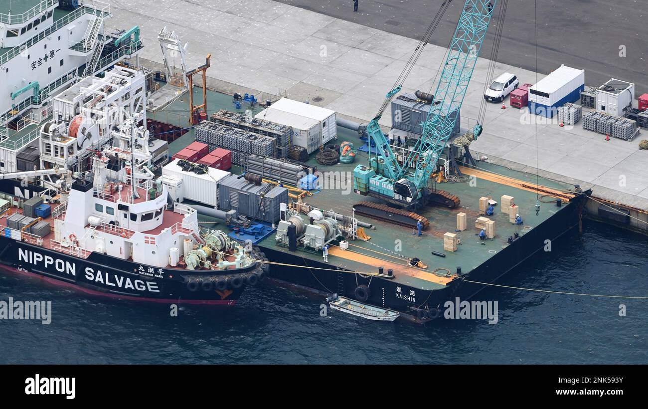 An aerial picture shows a private work ship "Kaishin" of Nippon Salvage