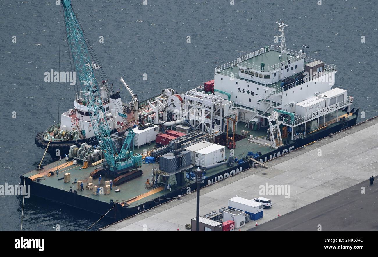 An aerial picture shows a private work ship "Kaishin" of Nippon Salvage