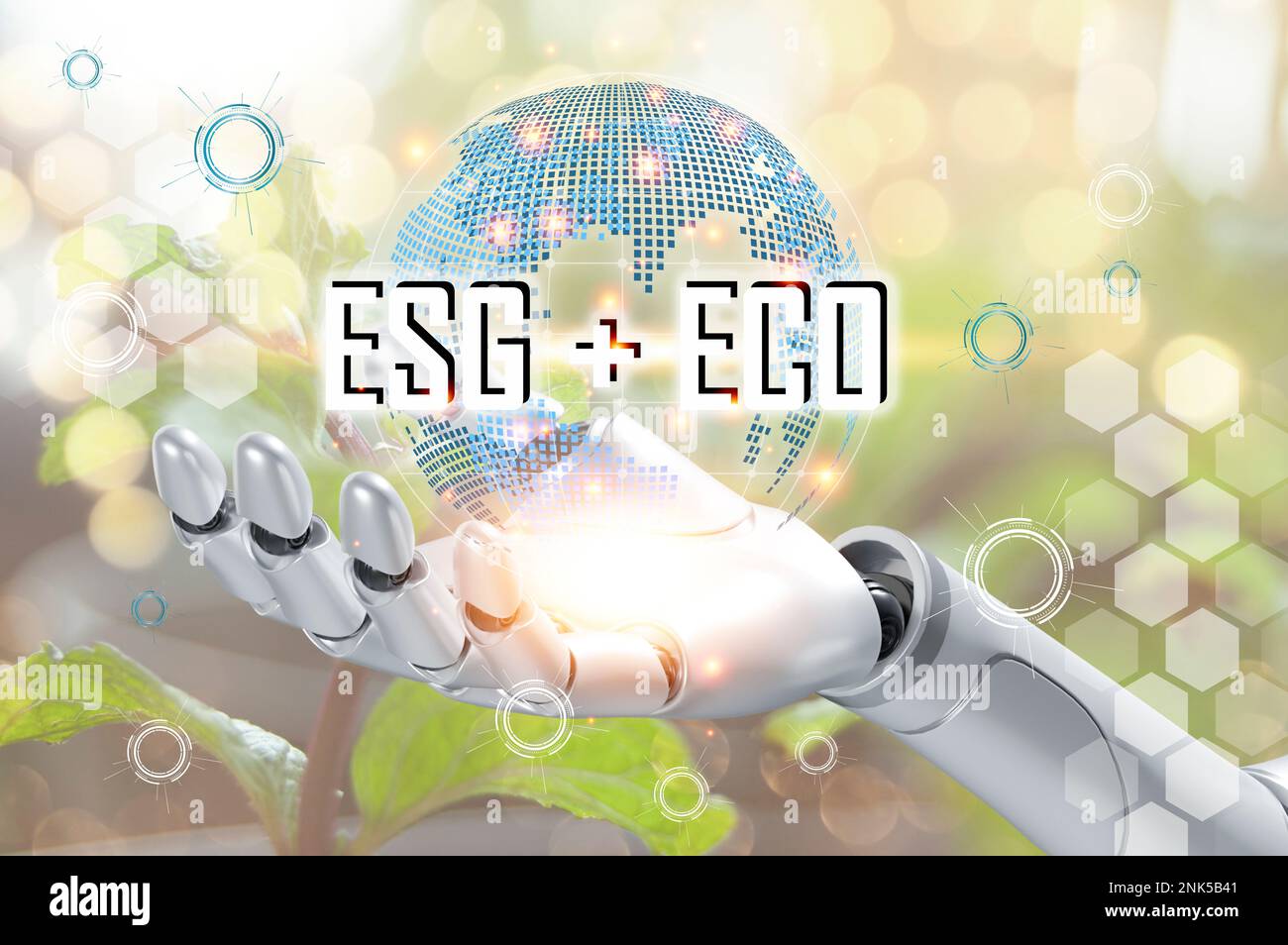 The concept is to combine ESG and ECO systems with artificial intelligence to optimize efficiency. Stock Photo
