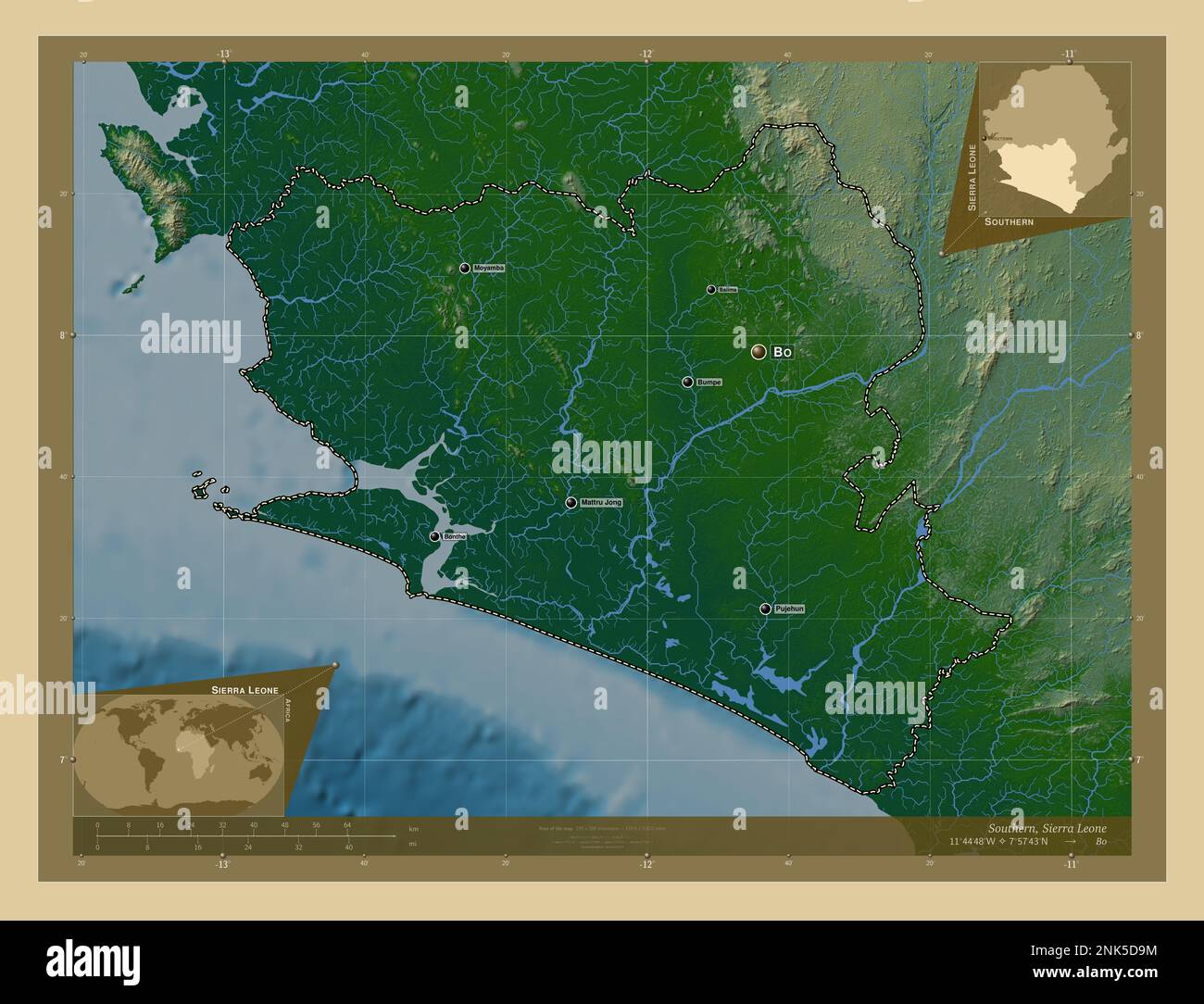 Southern, province of Sierra Leone. Colored elevation map with lakes and rivers. Locations and names of major cities of the region. Corner auxiliary l Stock Photo