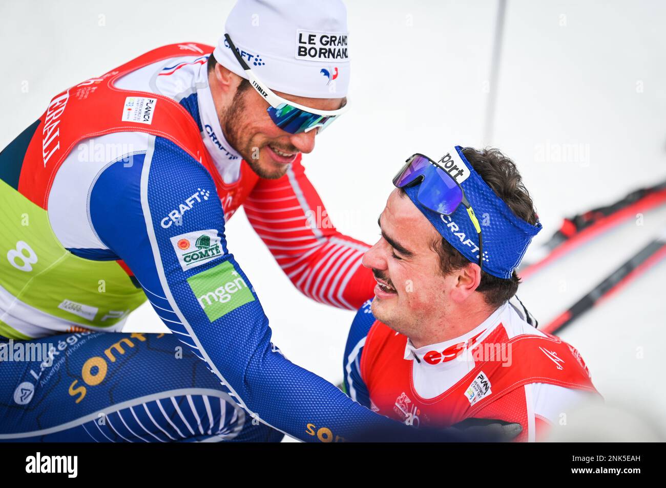 France's Jules Chappaz, right, is overcome with emotion after finishing third in the sprint at the 2023 FIS World Nordic Ski Championships in Planica, Slovenia, February 23, 2023. Credit: John Candler Lazenby/Alamy Live News Stock Photo
