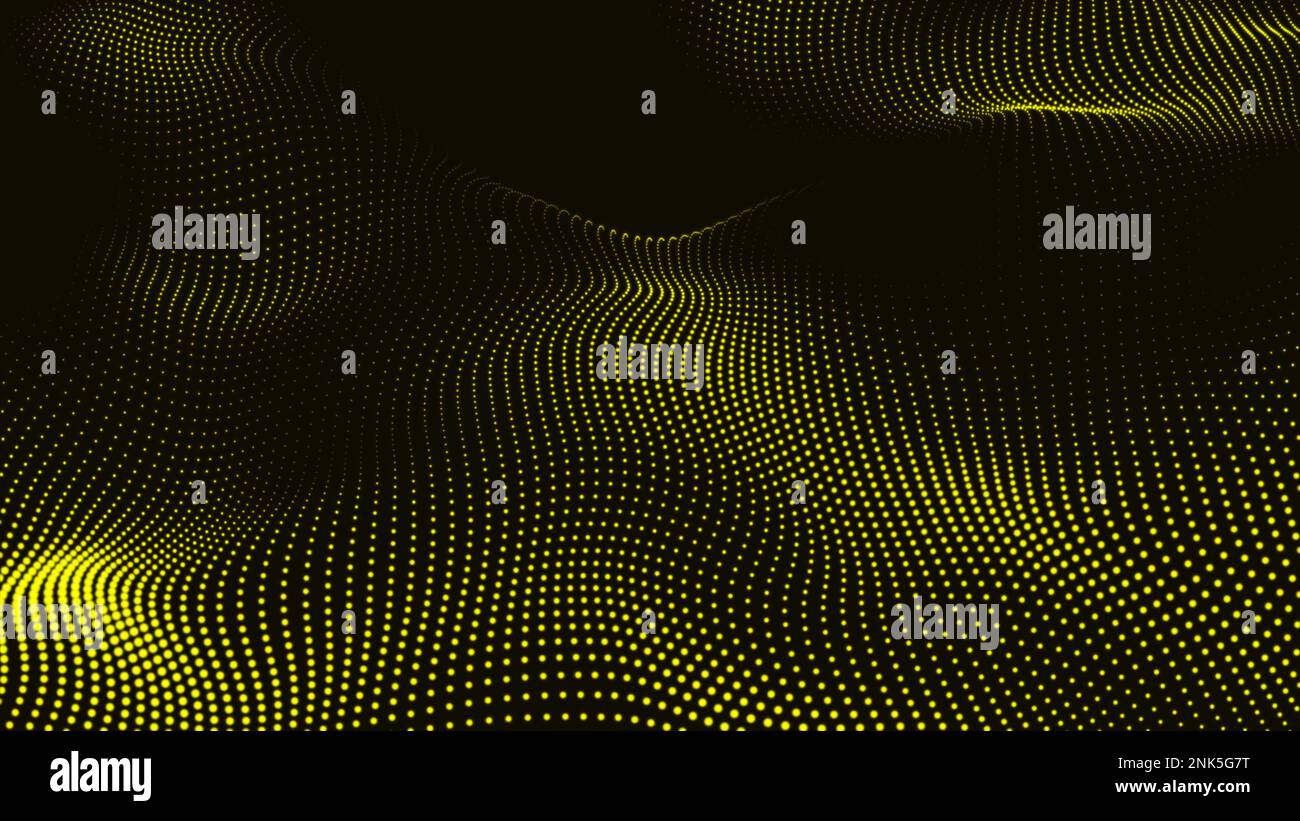 Yellow Abstract Trapcode Form digital particle wave and lights background. Animation cyber or technology background. Stock Photo