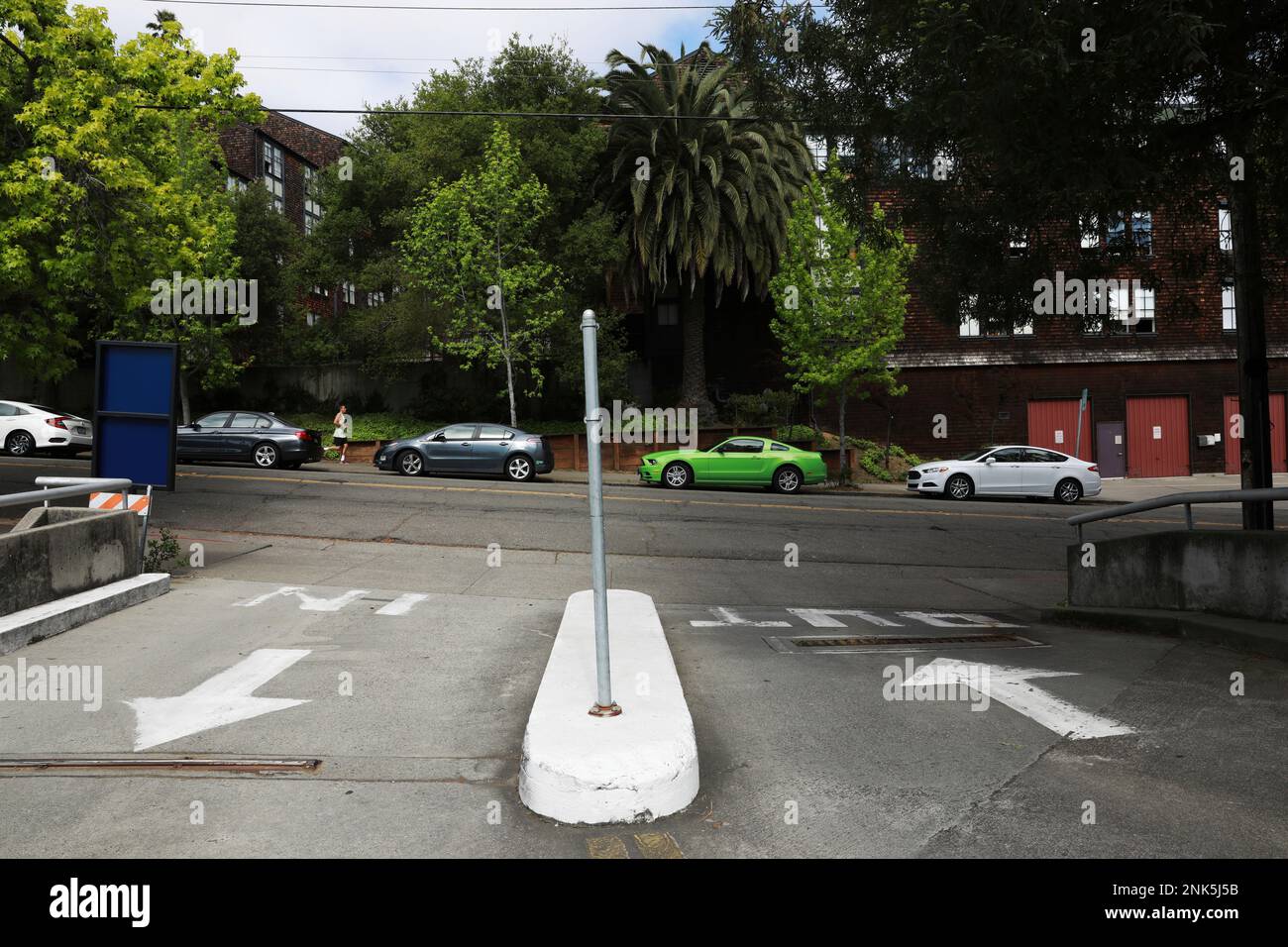 Exterior of the entrance and exit of the Upper Hearst parking structure at the University of