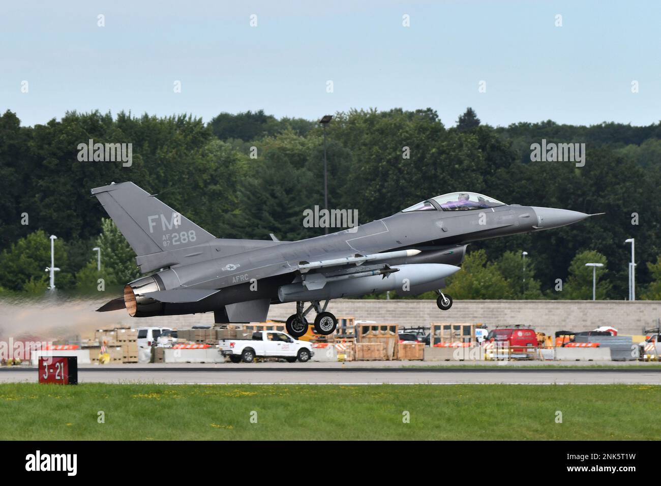 U.S. Air Force F-16 Fighting Falcon pilots assigned to the Air National Guard's 115th Fighter Wing depart Truax Field in Madison, Wisconsin August 8, 2022 as part of the annual Northern Lightning exercise held at Volk Field Air National Guard Base. The exercise provided tactical-level training in a simulated high threat environment, incorporating 4th and 5th generation aircraft and nearly 1000 members of the U.S. Air Force, Navy, Marine Corps and National Guard. Stock Photo