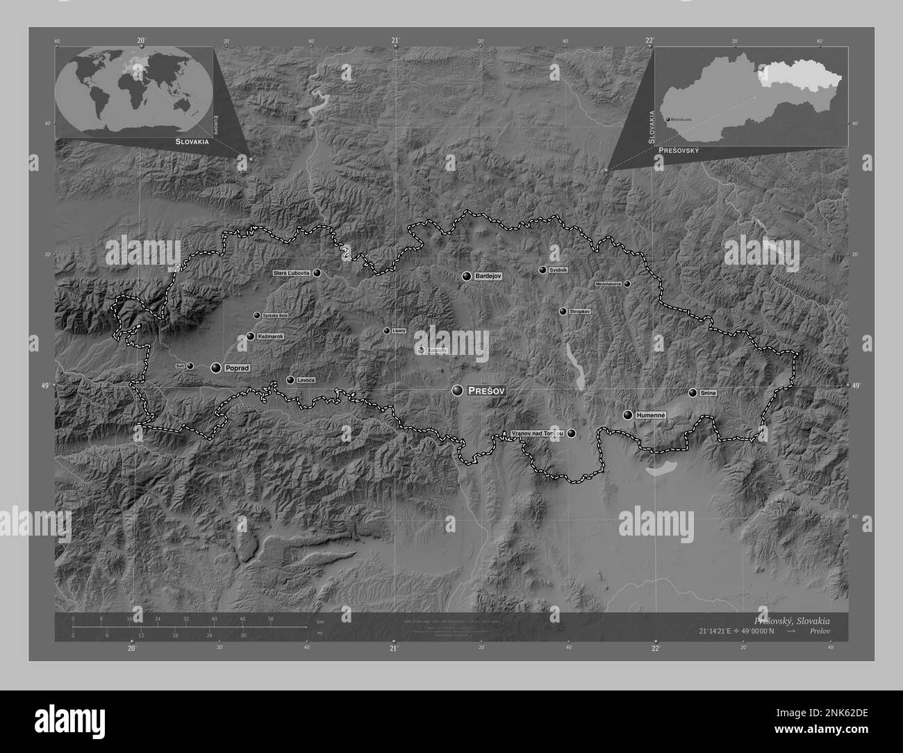 Presovsky, region of Slovakia. Grayscale elevation map with lakes and rivers. Locations and names of major cities of the region. Corner auxiliary loca Stock Photo