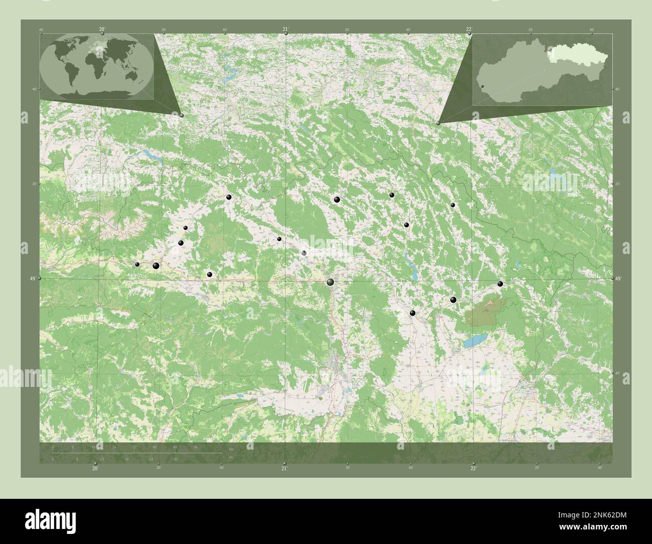 Presovsky, region of Slovakia. Open Street Map. Locations of major cities of the region. Corner auxiliary location maps Stock Photo