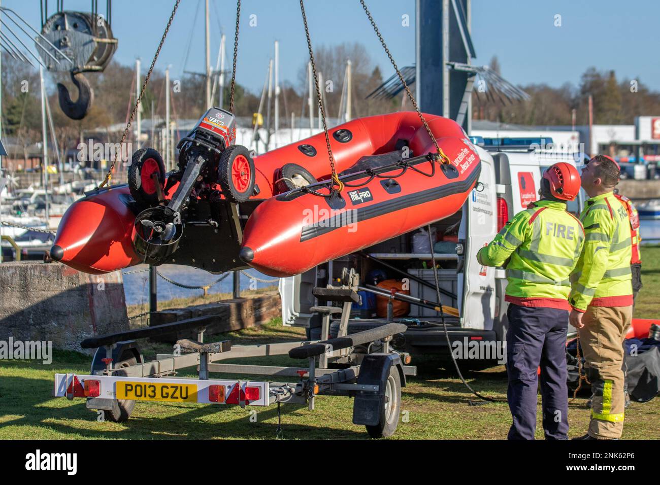 Lancashire Fire and Emergency Rescue Team on a training day at Maritime Way, Preston Docks. The full-time Fire Crew who work 2 days on, & 2 nights on per week, practice and hone their skills by launching a Zodiac MILPRO Rib boat at Preston Docks, Riversway, UK Stock Photo