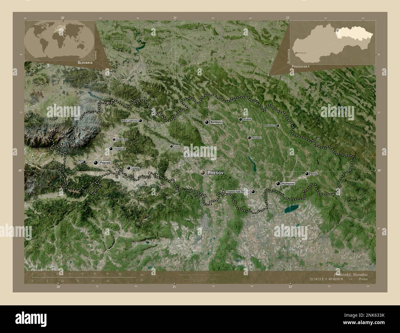 Presovsky, region of Slovakia. High resolution satellite map. Locations and names of major cities of the region. Corner auxiliary location maps Stock Photo