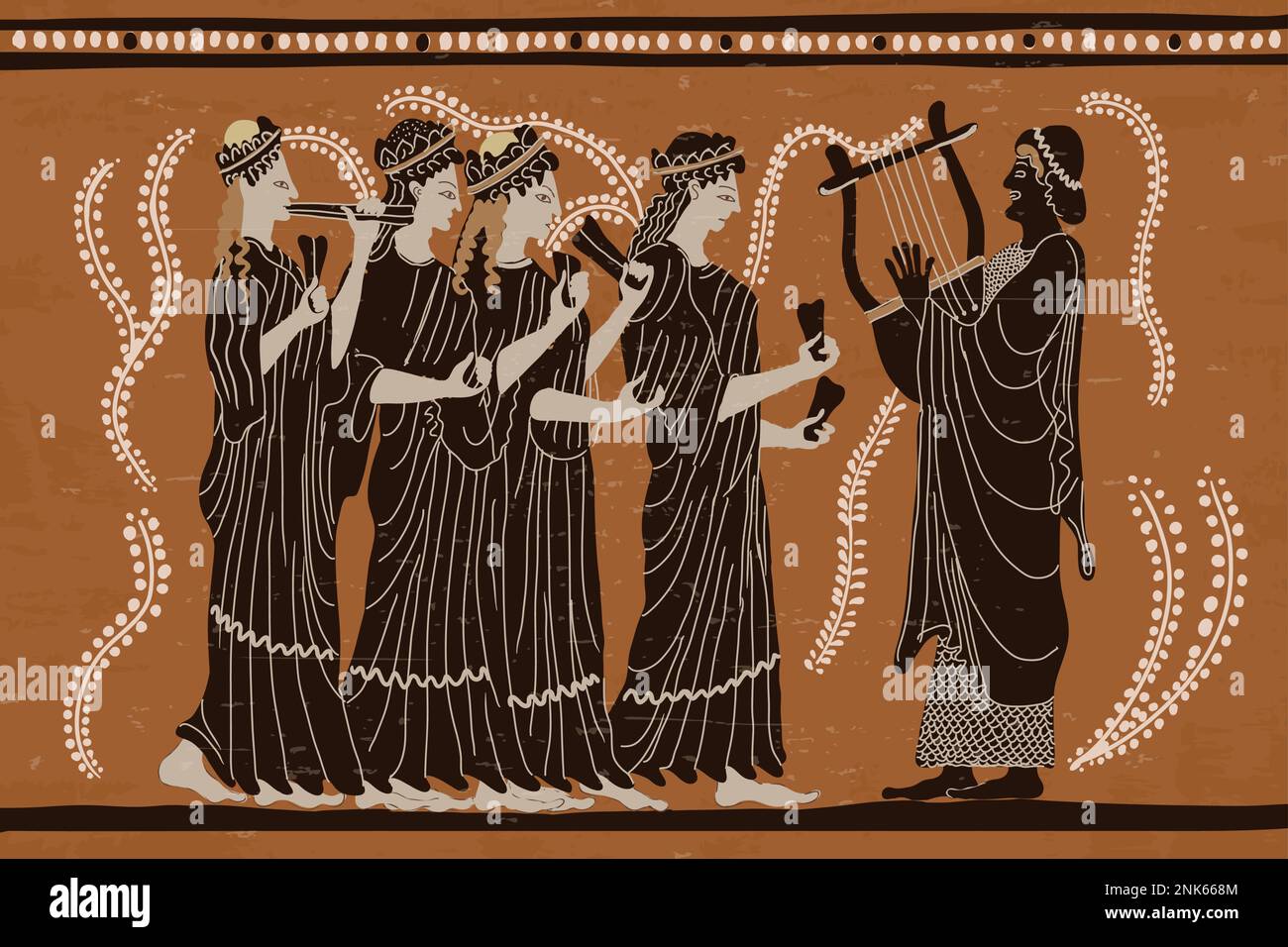 Ancient Greek painting on dishes. Antique musicians with musical  instruments play music Stock Vector Image & Art - Alamy