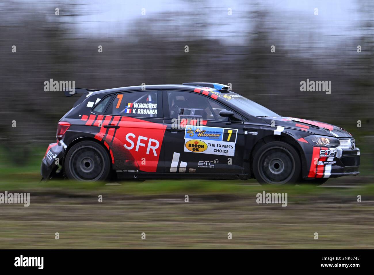 Sint-Truiden, Belgium, 23/02/2023, Belgian Gino Bux and Anthony Bourdeaud'hui in their Volkswagen Polo of team Ebrt pictured during the Shakedown test ride before this weekend's Haspengouw Rally event, Thursday 23 February 2023 in Sint-Truiden, the first stage of the Belgian Rally Championship. BELGA PHOTO LUC CLAESSEN Stock Photo