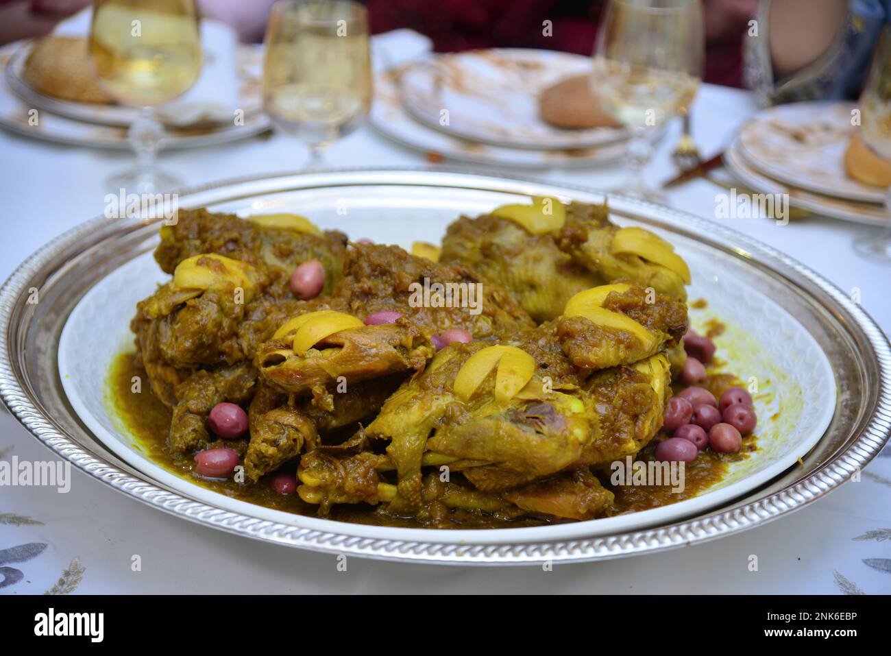Moroccan chicken with lemon and olives is served at weddings Stock