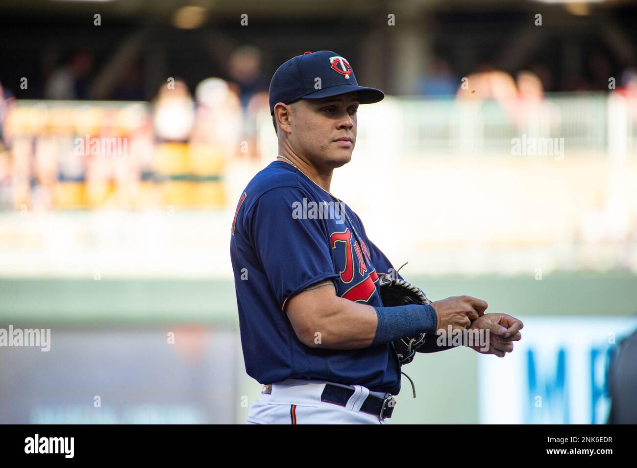 MINNEAPOLIS, MN - MAY 14: Minnesota Twins third baseman Gio Urshela (15)  looks on during the MLB game between the Cleveland Guardians and Minnesota  Twins on May 14th, 2022, at Target Field