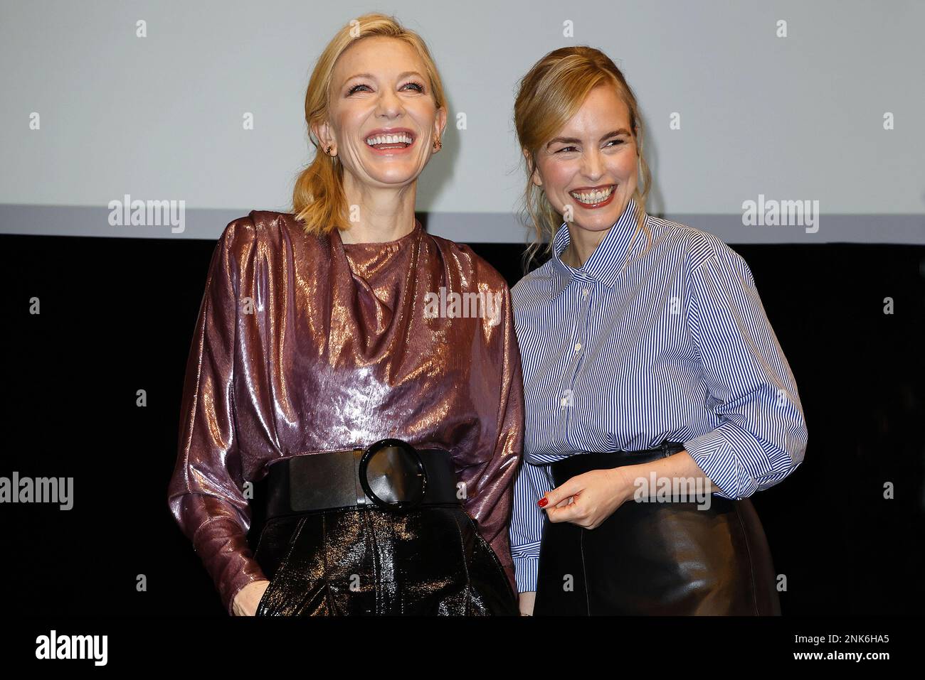 Cate Blanchett and german actress Nina Hoss attend the Talent Campus Panel Talk at HAU Hebbel am Ufer on February 23, 2023 in Berlin, Germany. Stock Photo