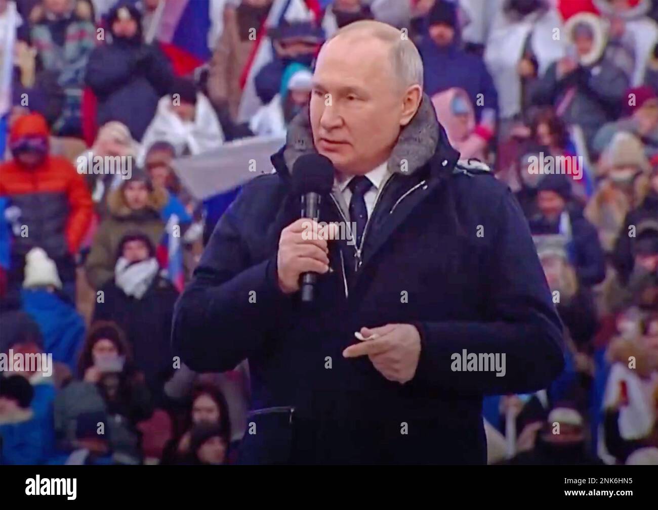 VLADIMIR PUTIN, President of Russia, atva pro-Ukkrainian war rally in Moscow, 22 February 2023. Photo: Rus.tv Stock Photo