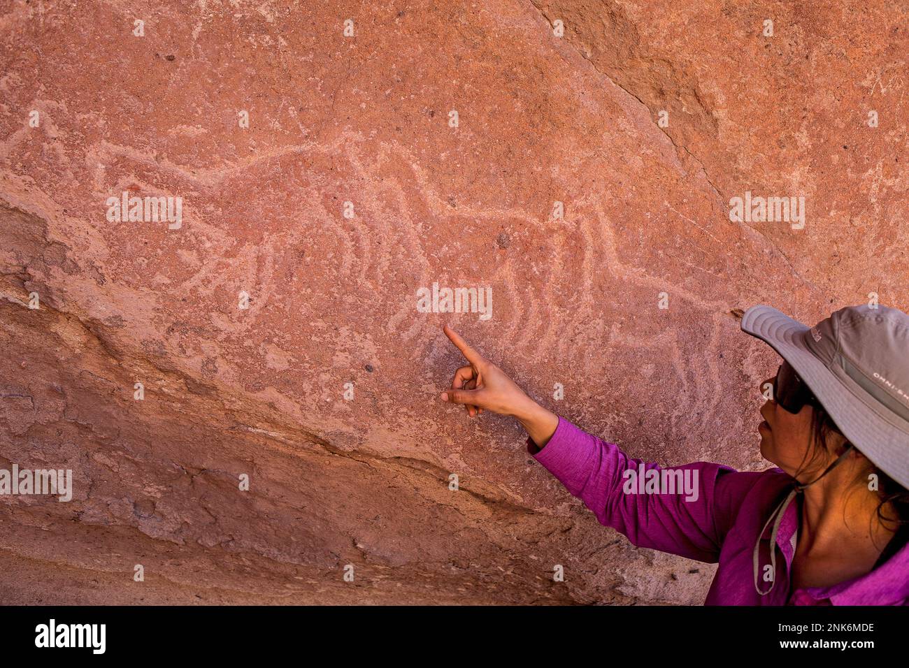Petroglyph, archaeological site near Valle del Arcoiris (Rainbow Valley), Atacama desert. Region de Antofagasta. Chile Stock Photo