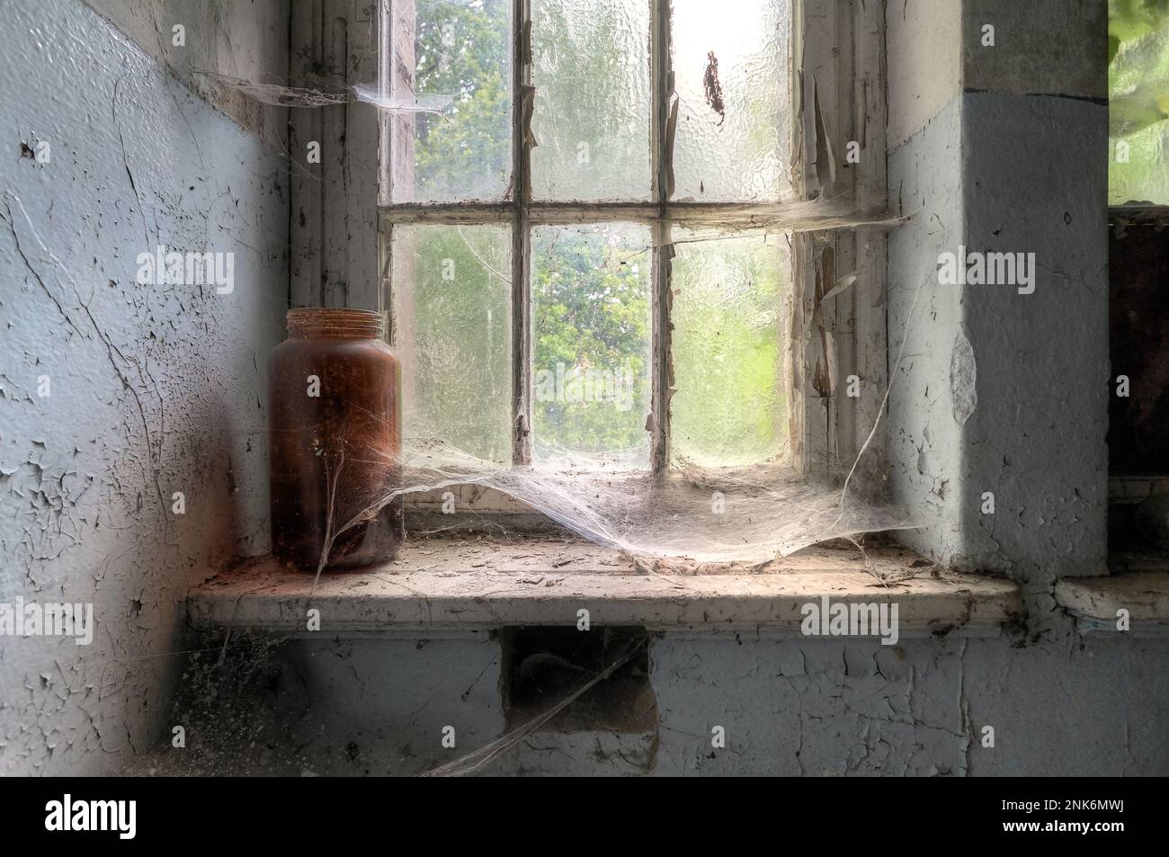 Window and cobwebs in an old asylum near berlin Stock Photo