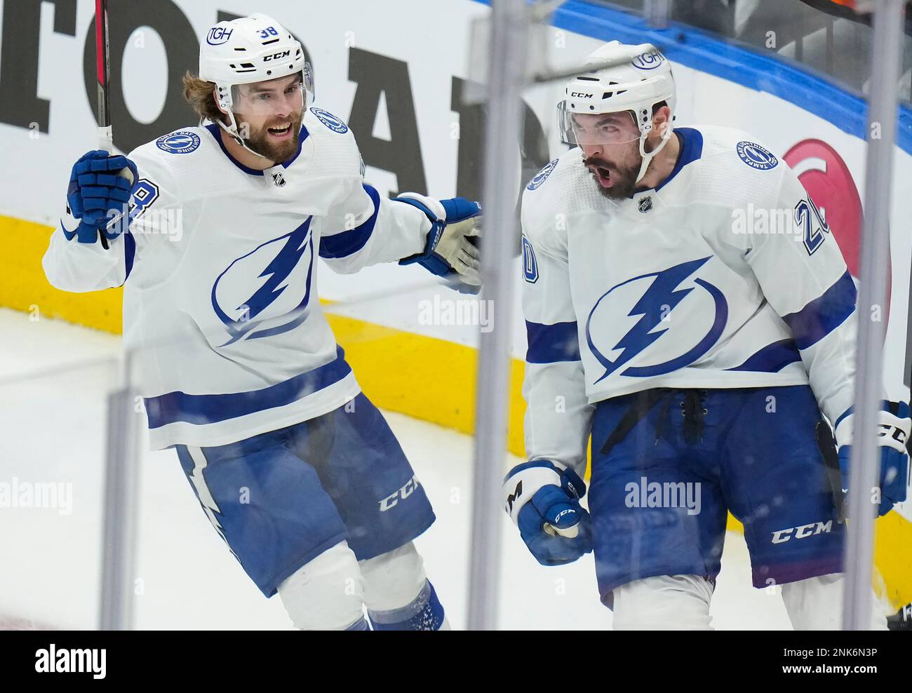 Tampa Bay Lightning forward Nicholas Paul (20) celebrates his goal with