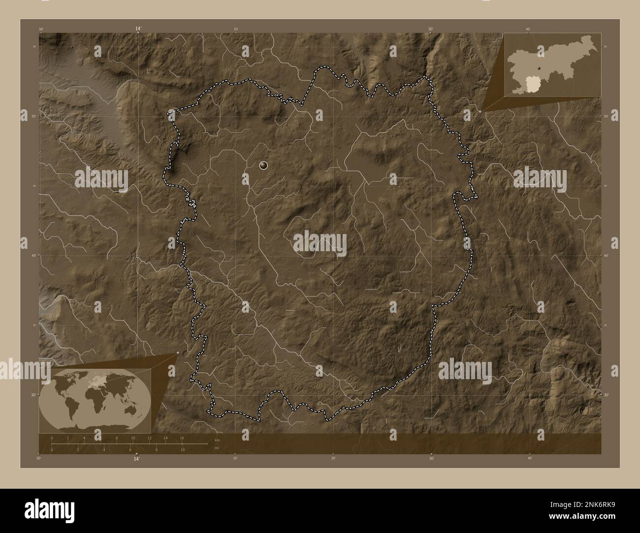 Notranjsko Kraska Statistical Region Of Slovenia Elevation Map   Notranjsko Kraska Statistical Region Of Slovenia Elevation Map Colored In Sepia Tones With Lakes And Rivers Corner Auxiliary Location Maps 2NK6RK9 