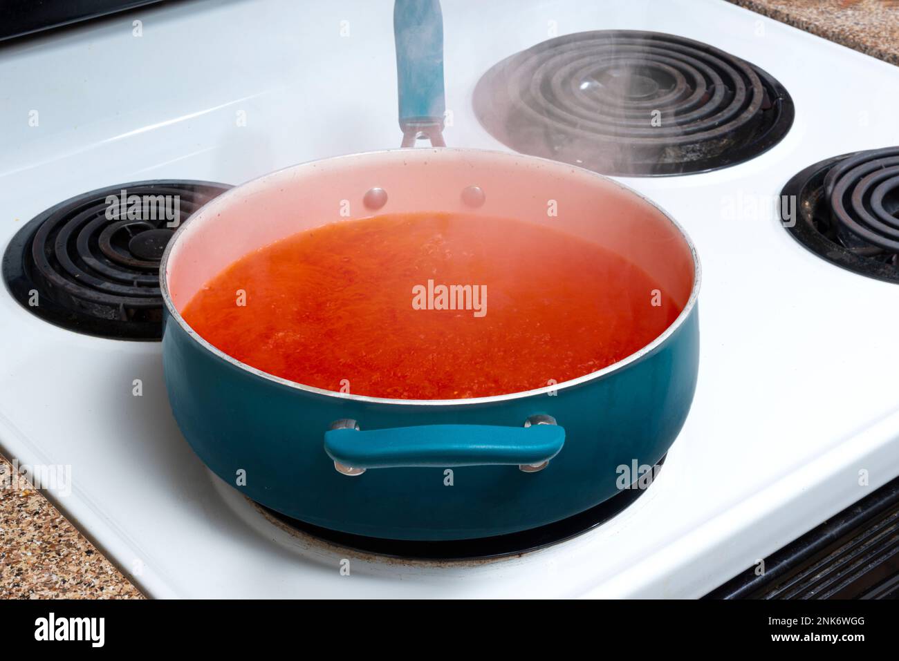 Horizontal angled shot of a blue pot on a stove top holding hearty tomato soup that is simmering. Stock Photo