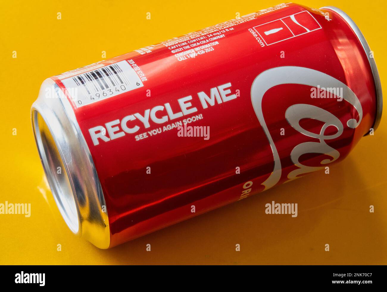 Close-up of a recycling request on a Coca-Cola metal can, 2023, United States of America Stock Photo