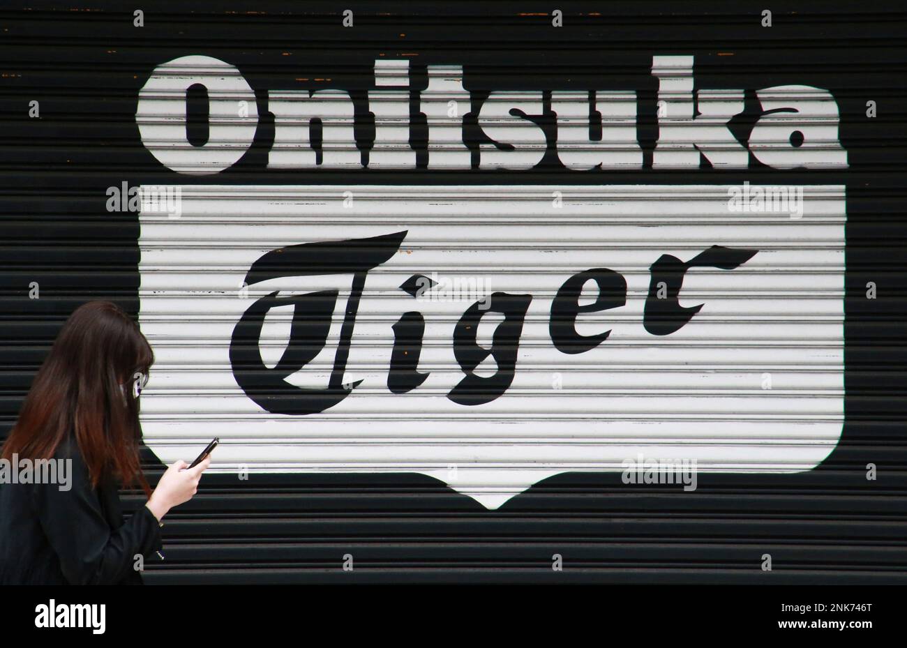 The trademark of Onitsuka Tiger is seen in Shinjuku Ward Tokyo on