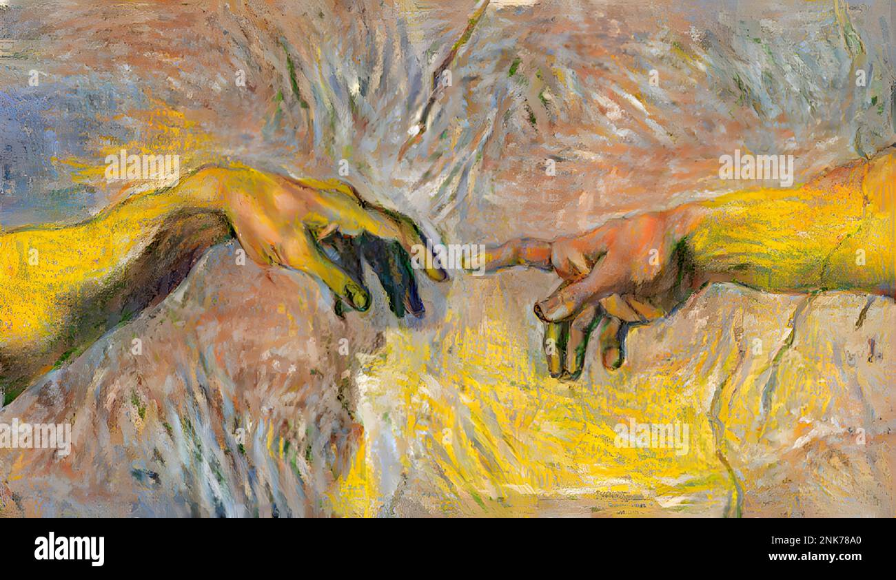 Detail of the painting the Creation of Adam by Michael Angelo in the style of Vincent Van Gogh. God's right arm is outstretched to impart the spark of Stock Photo