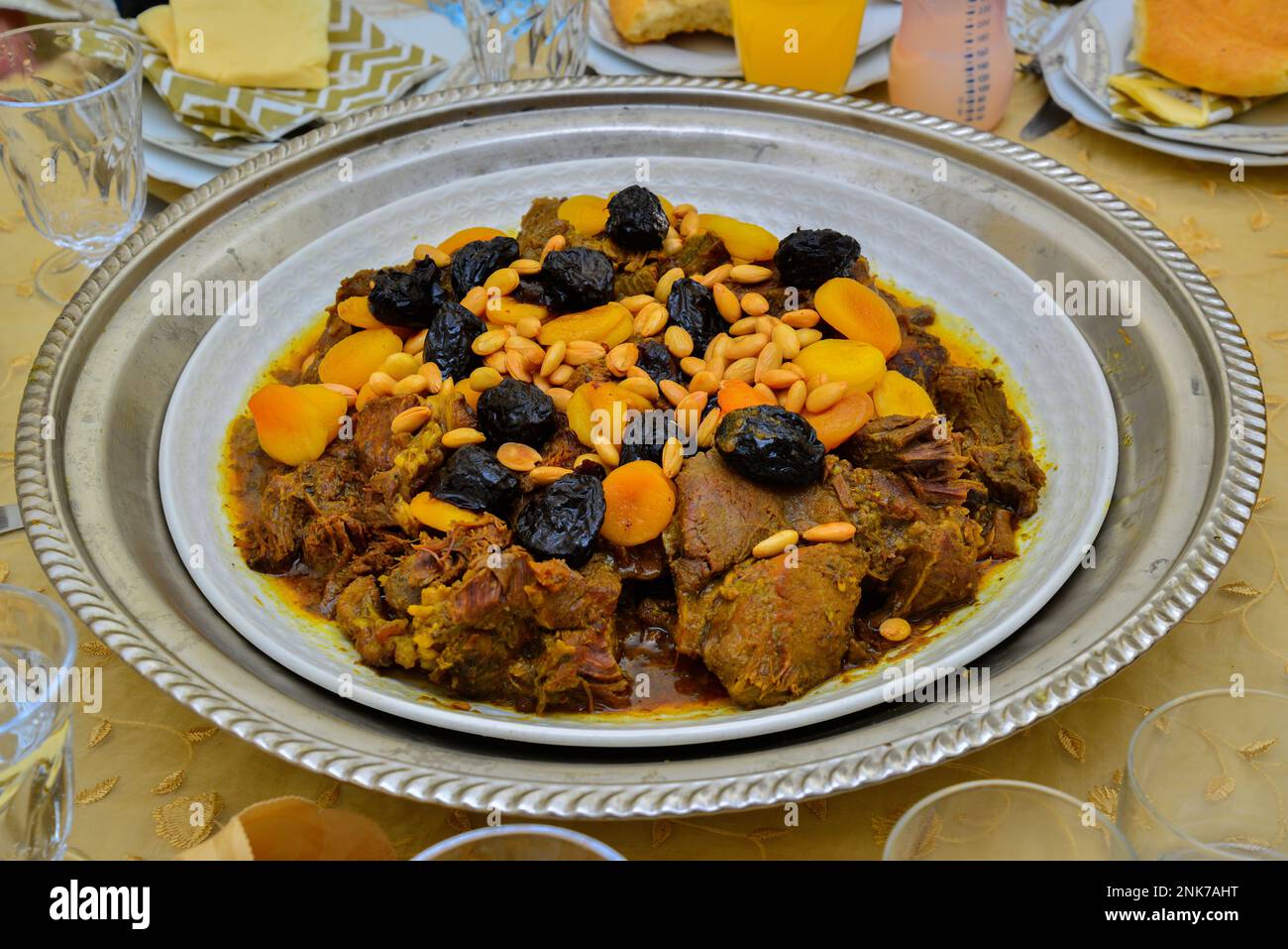 Moroccan lamb tagine with prunes and dried apricots and sesame seeds