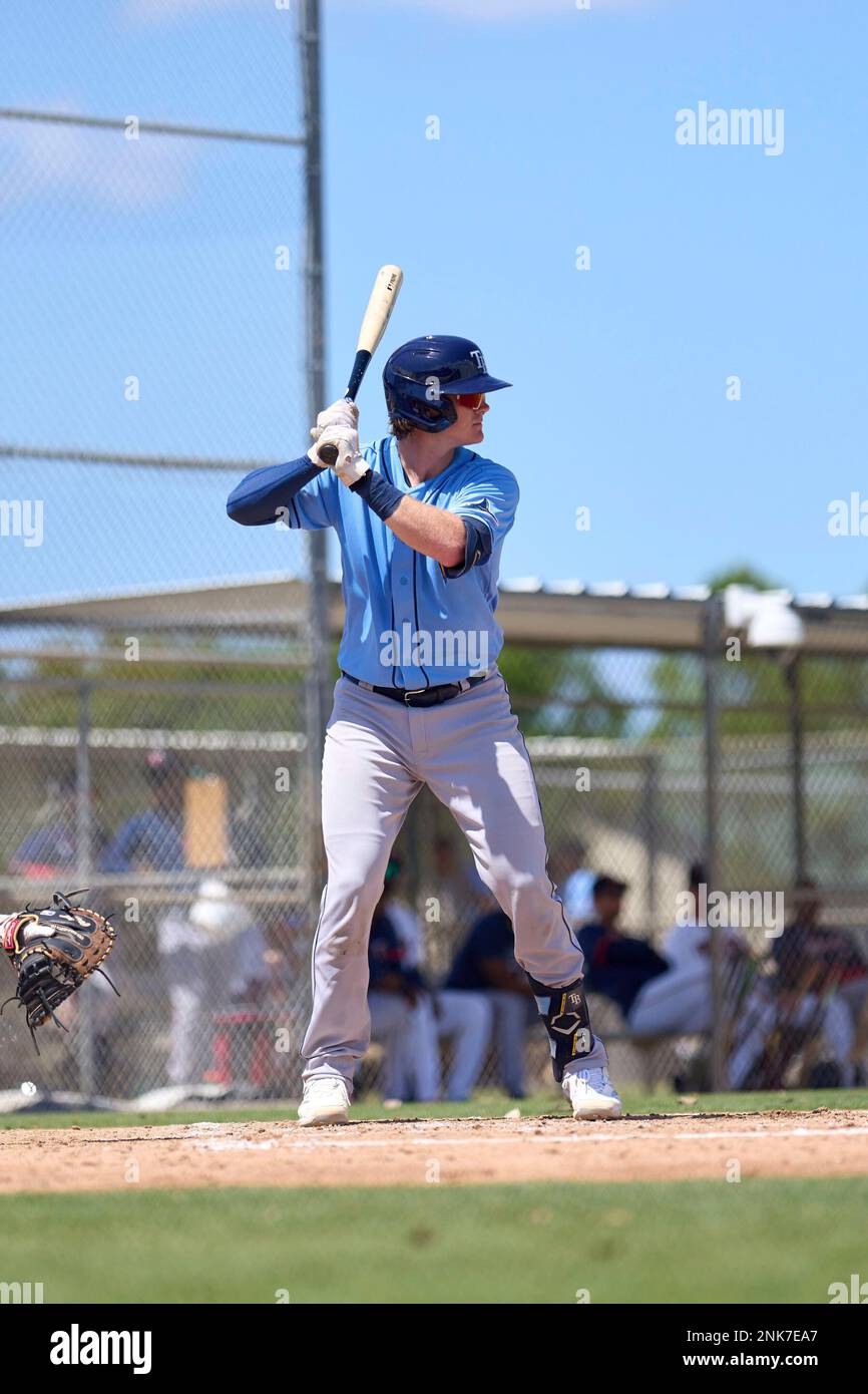 Tampa Bay Rays catcher Blake Hunt (28) bats during a MiLB Spring Training  game against the Minnesota Twins on March 18, 2022 at the CenturyLink  Sports Complex in Fort Myers, Florida. (Mike