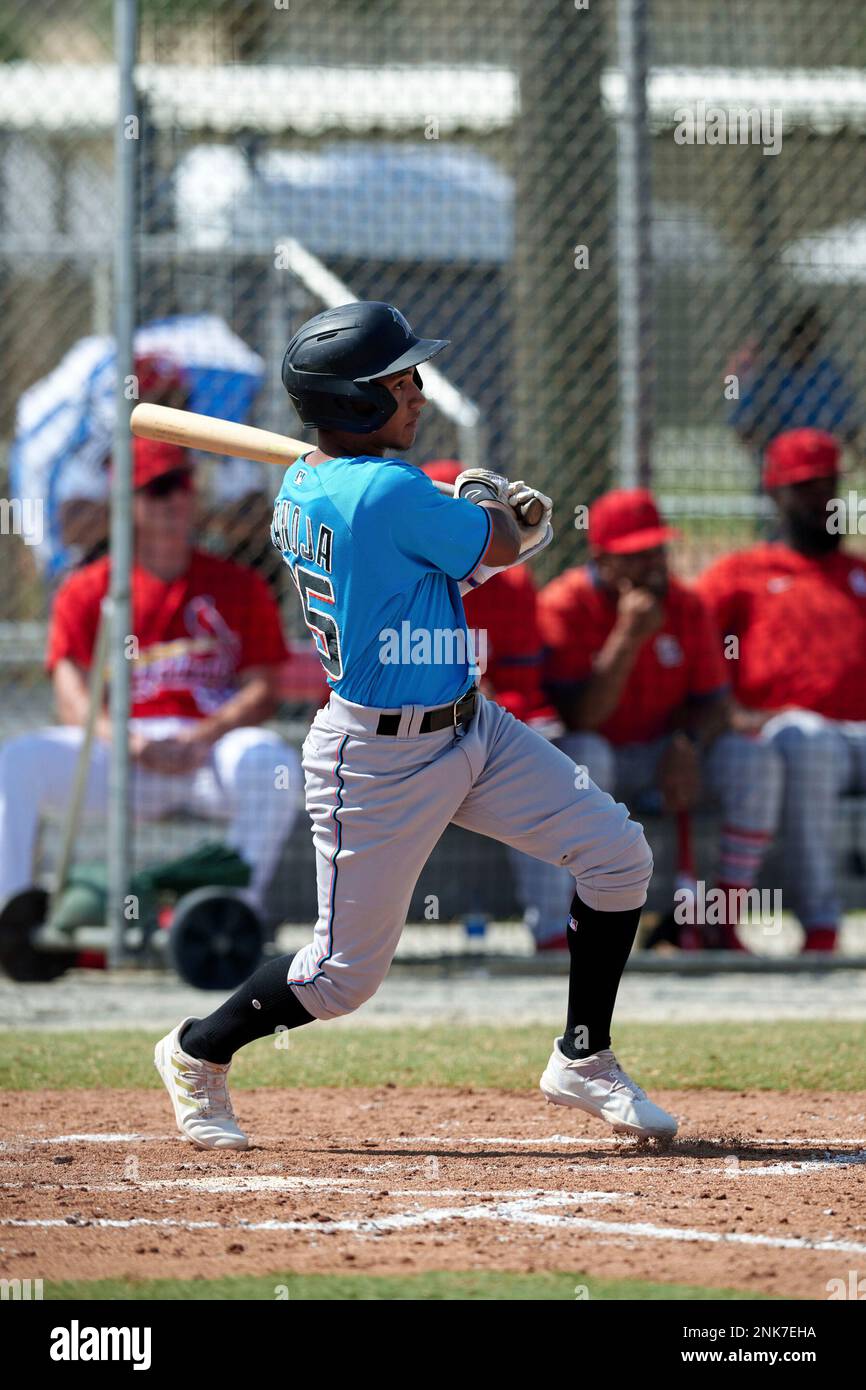 Miami Marlins shortstop Javier Sanoja (65) throws to first base during a  MiLB Spring Training game against the St. Louis Cardinals on March 30, 2022  at Roger Dean Stadium Complex in Jupiter